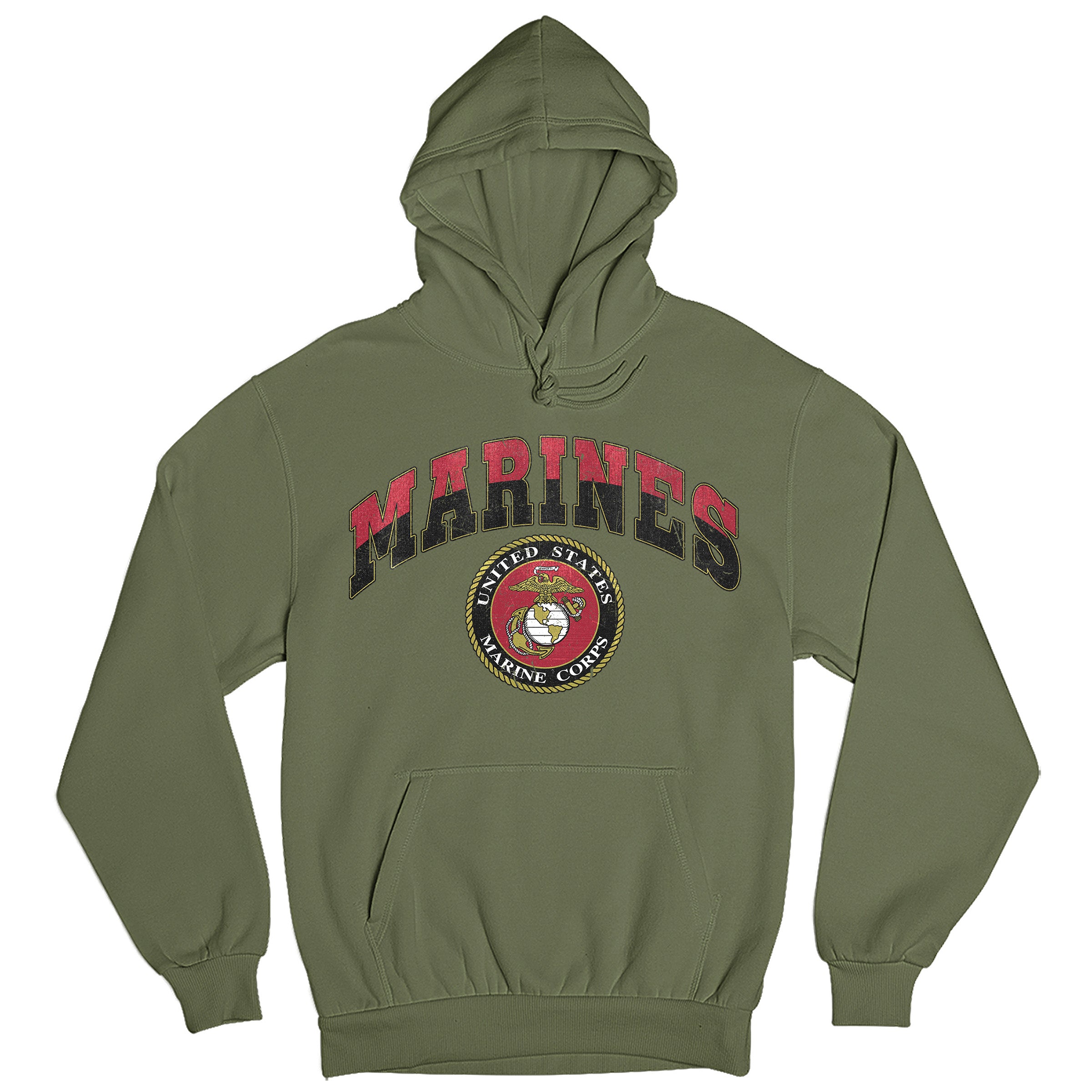 Green USMC hoodie with vintage red and gold 'MARINES' text and full-color United States Marine Corps seal, patriotic military hoodie for Marines 