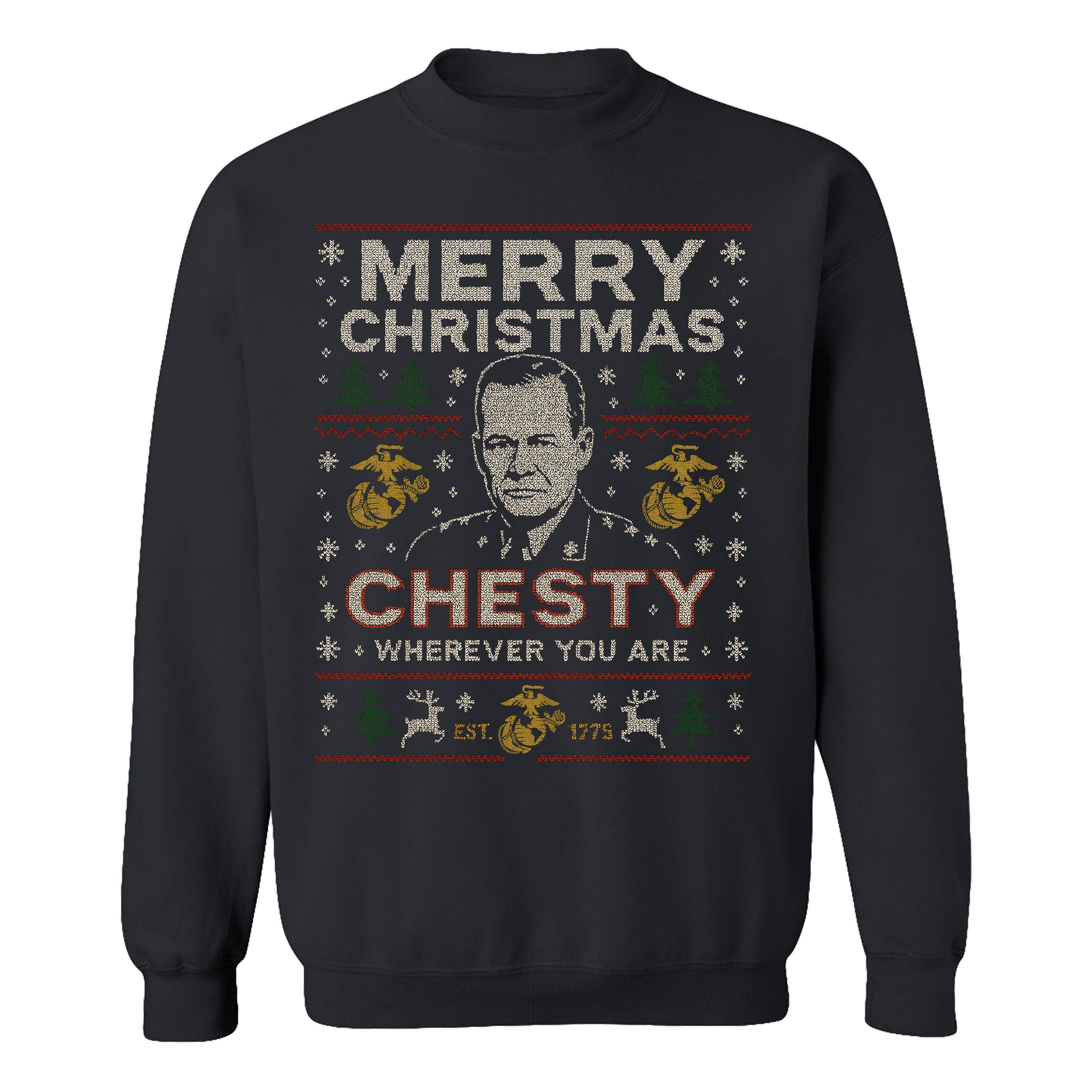 Black USMC Christmas Sweatshirt with sweater-style design featuring the text ‘Merry Christmas Chesty Puller Wherever You Are,’ stitched illustration, snowflakes, EGA icons, trees, and reindeer.” Marines Christmas Holiday Sweatshirt
