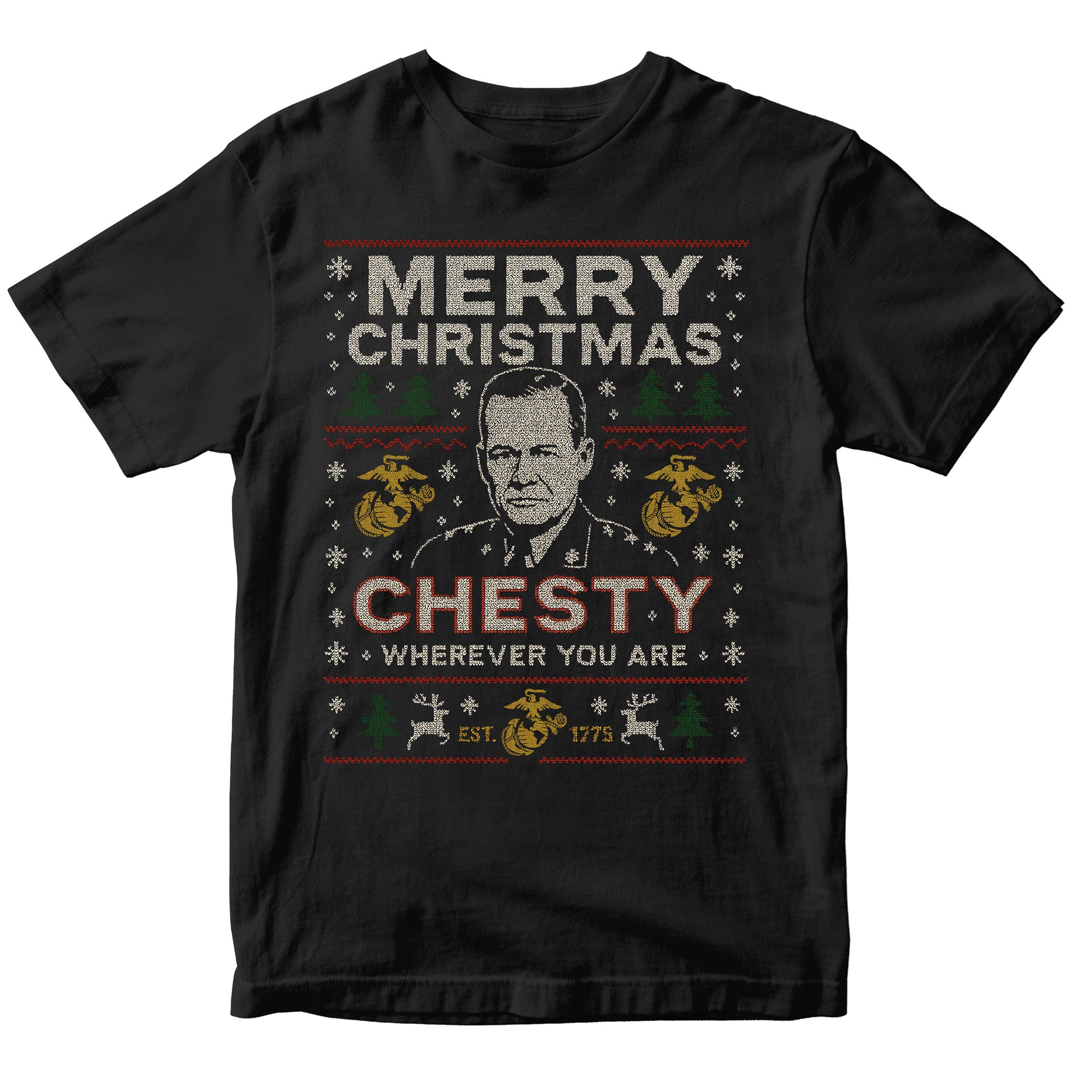 Black USMC Christmas T-shirt with sweater-style design featuring the text ‘Merry Christmas Chesty Puller Wherever You Are,’ stitched illustration, snowflakes, EGA icons, trees, and reindeer.” Marines Christmas tee