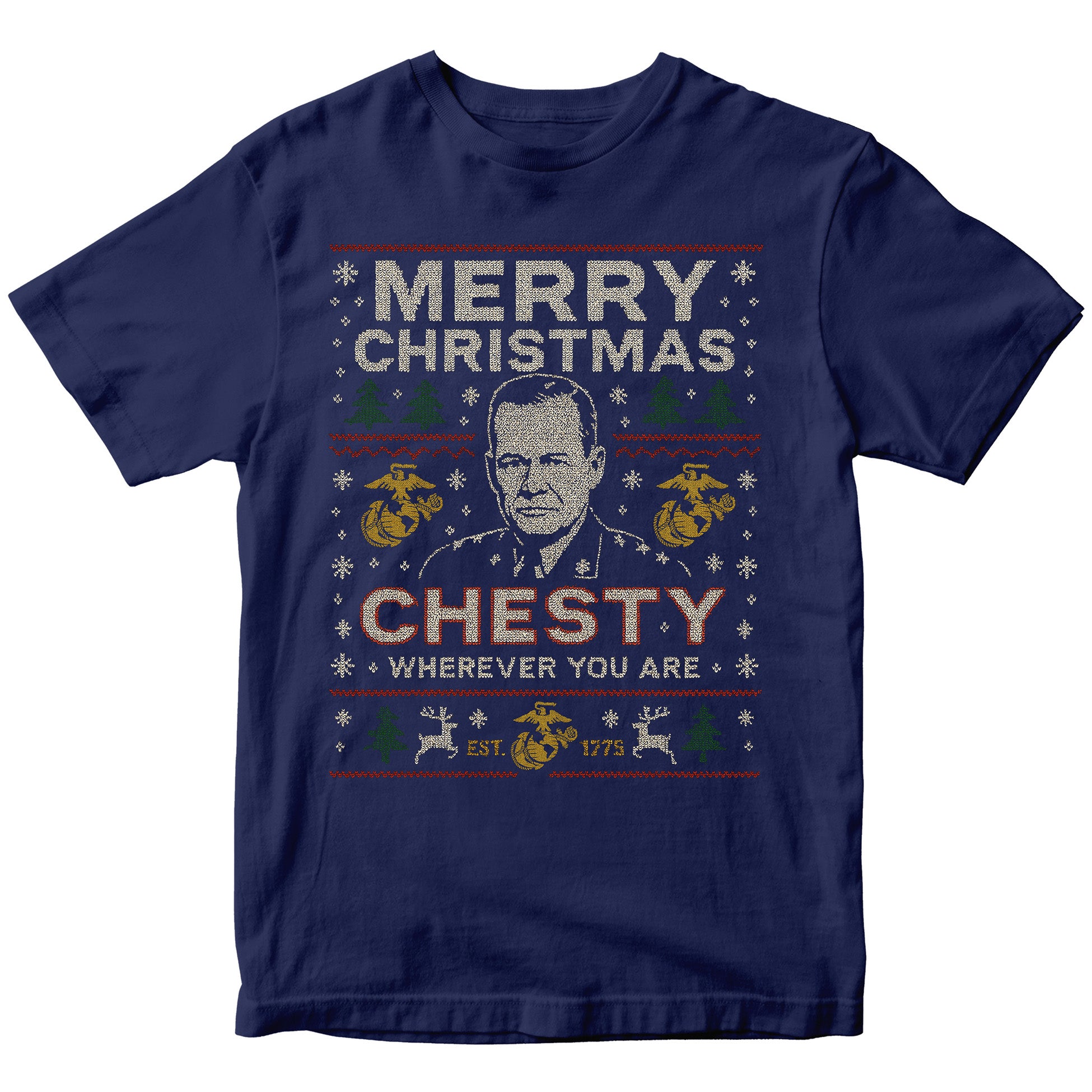 Navy USMC Christmas T-shirt with sweater-style design featuring the text ‘Merry Christmas Chesty Puller Wherever You Are,’ stitched illustration, snowflakes, EGA icons, trees, and reindeer.” Marines Christmas tee