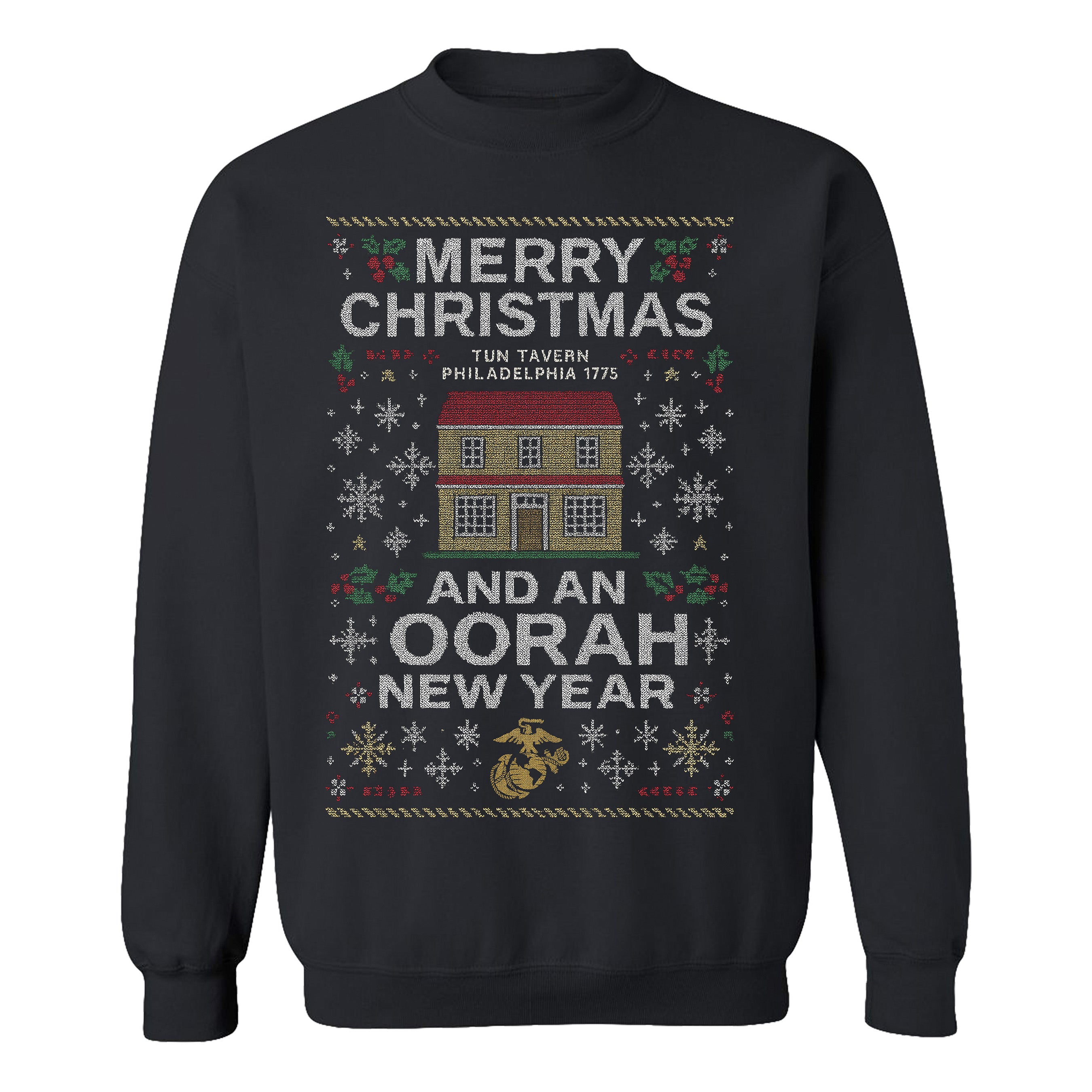 Black USMC Christmas Sweatshirt with knitted-style Tun Tavern illustration, snowflakes, holly, Eagle Globe and Anchor, and text ‘Merry Christmas’ and ‘And an Oorah New Year.’ Marines Christmas Holiday Sweatshirt