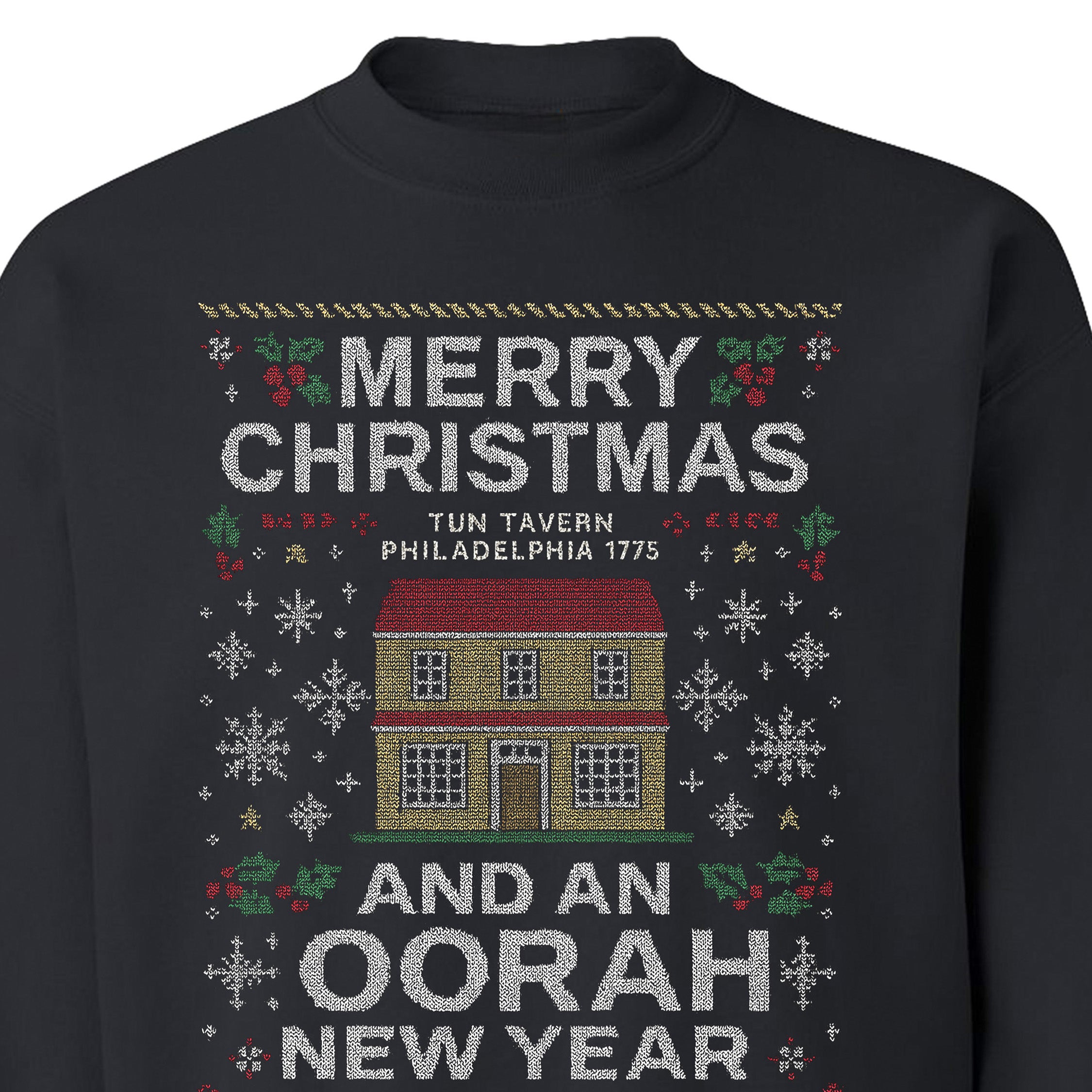 Black USMC Christmas Sweatshirt with knitted-style Tun Tavern illustration, snowflakes, holly, Eagle Globe and Anchor, and text ‘Merry Christmas’ and ‘And an Oorah New Year.’ Marines Christmas Holiday Sweatshirt