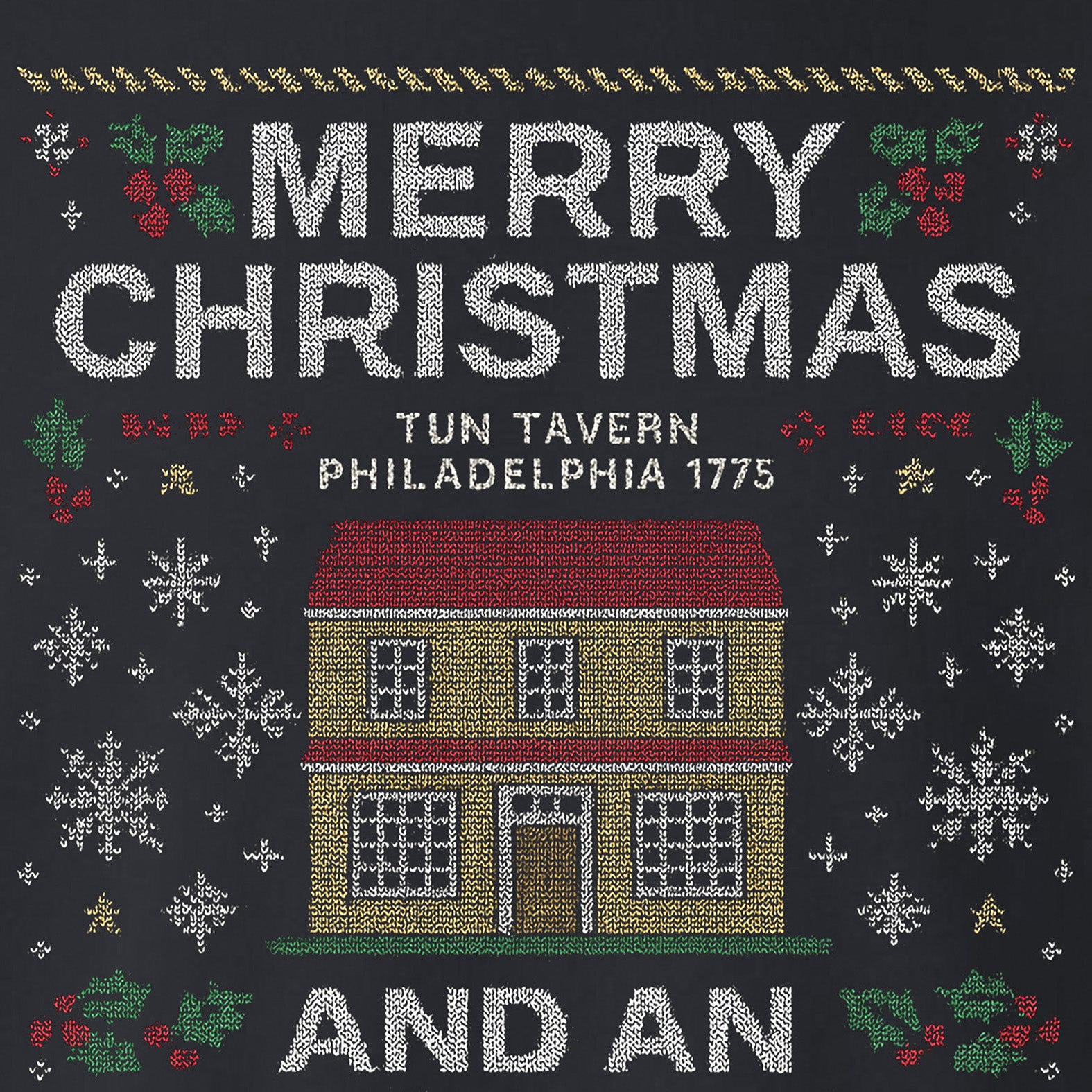 USMC Christmas Sweatshirt with knitted-style Tun Tavern illustration, snowflakes, holly, Eagle Globe and Anchor, and text ‘Merry Christmas’ and ‘And an Oorah New Year.’ Marines Christmas Holiday Sweatshirt