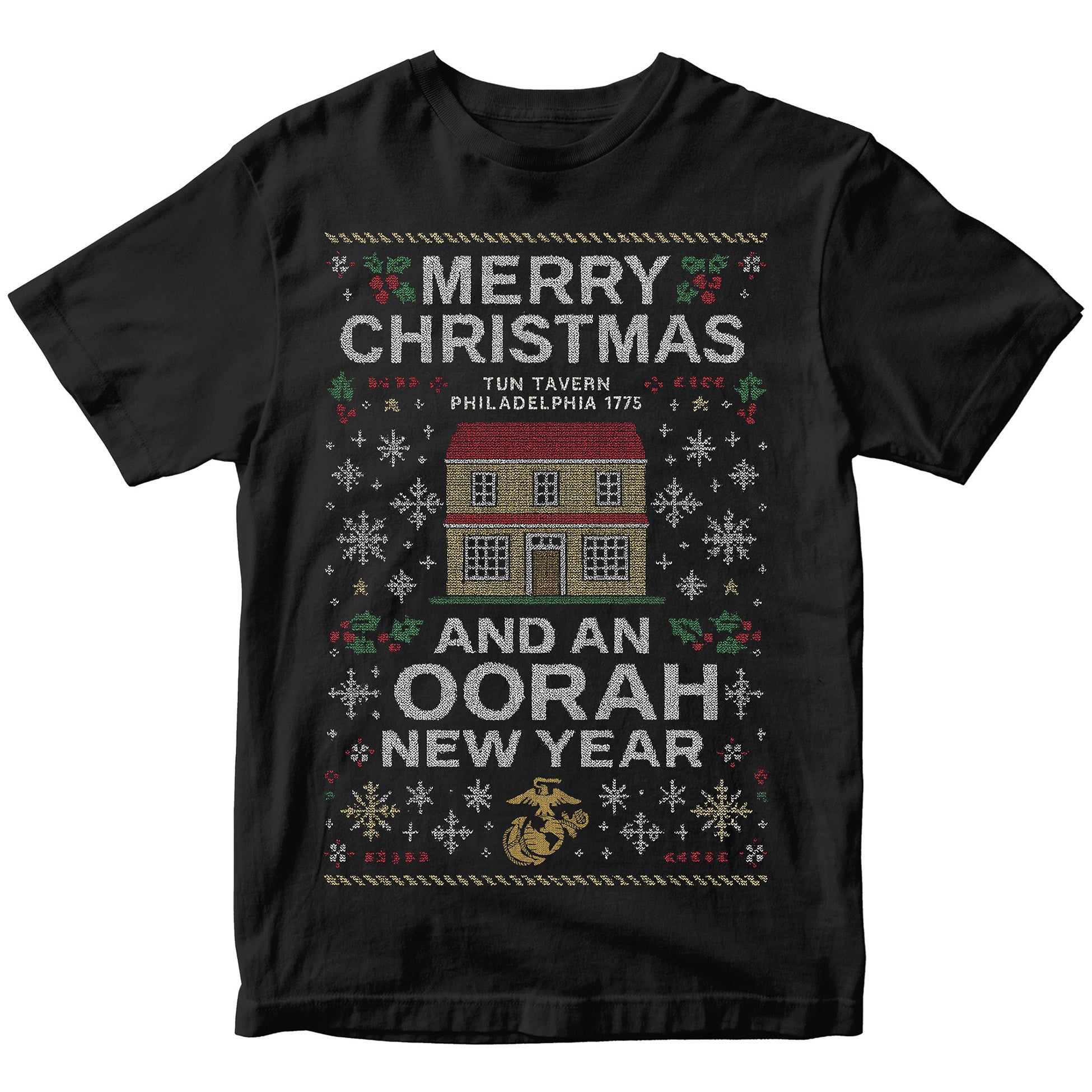 Black USMC Christmas T-shirt with knitted-style Tun Tavern illustration, snowflakes, holly, Eagle Globe and Anchor, and text ‘Merry Christmas’ and ‘And an Oorah New Year.’ Marines Christmas Holiday Tee