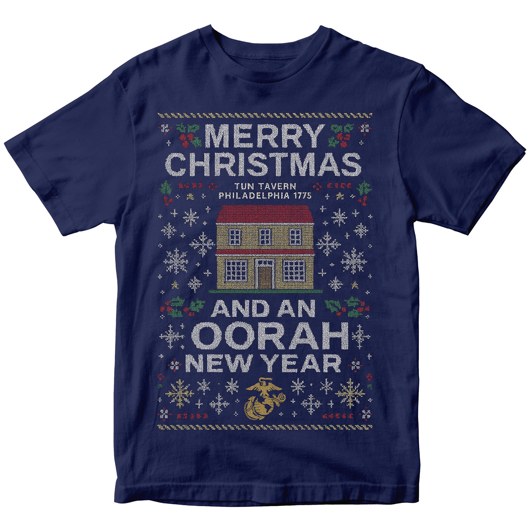 Navy USMC Christmas T-shirt with knitted-style Tun Tavern illustration, snowflakes, holly, Eagle Globe and Anchor, and text ‘Merry Christmas’ and ‘And an Oorah New Year.’ Marines Christmas Holiday Tee