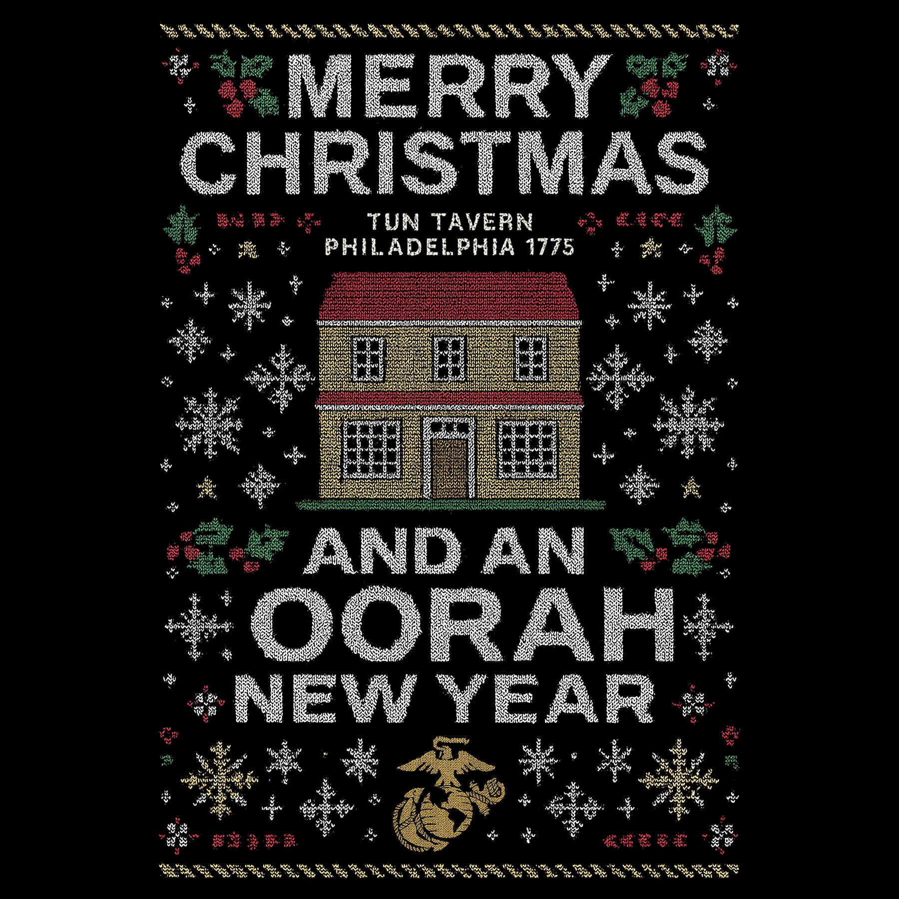 USMC Christmas T-shirt with knitted-style Tun Tavern illustration, snowflakes, holly, Eagle Globe and Anchor, and text ‘Merry Christmas’ and ‘And an Oorah New Year.’ Marines Christmas Holiday Tee