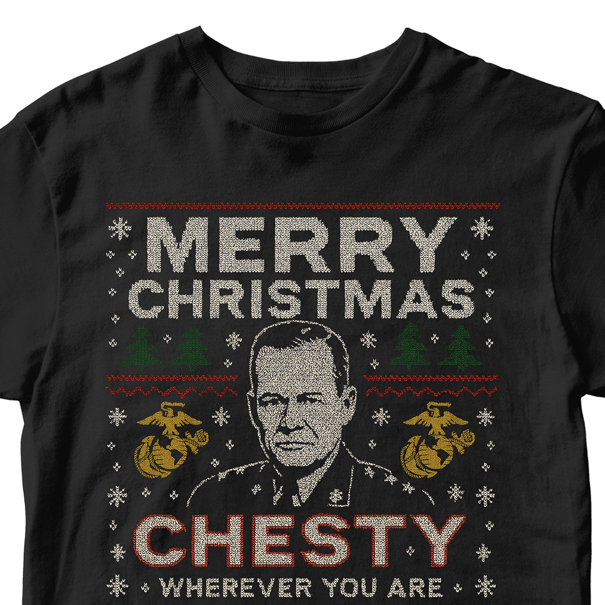 Black USMC Christmas T-shirt with sweater-style design featuring the text ‘Merry Christmas Chesty Puller Wherever You Are,’ stitched illustration, snowflakes, EGA icons, trees, and reindeer.” Marines Christmas tee
