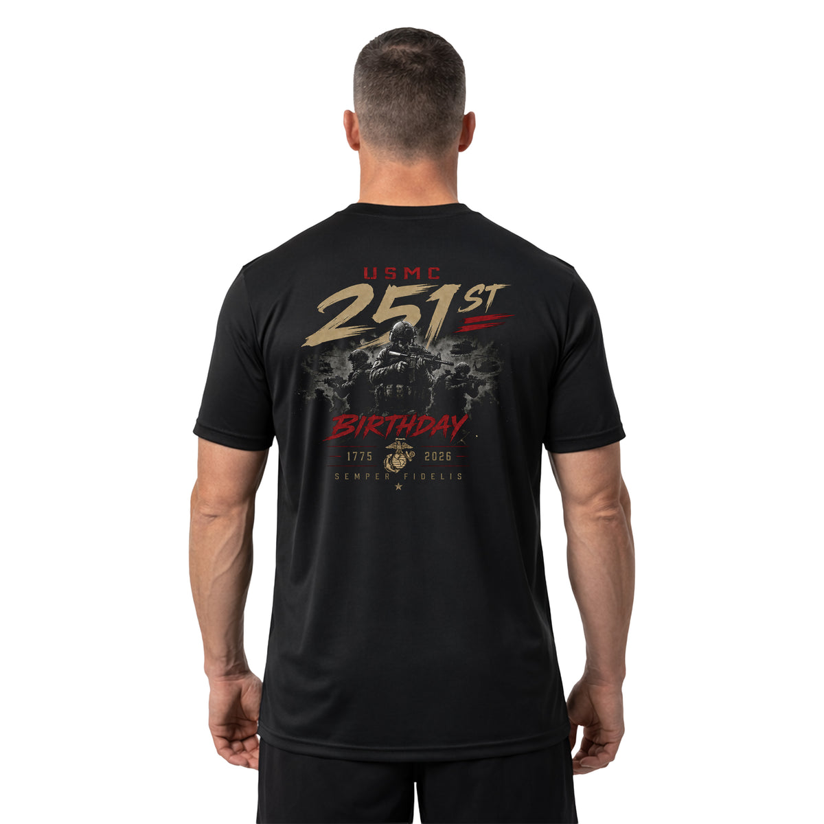 Black USMC 251st Birthday Battle Ready performance T-shirt with Marines combat graphic and Semper Fidelis design