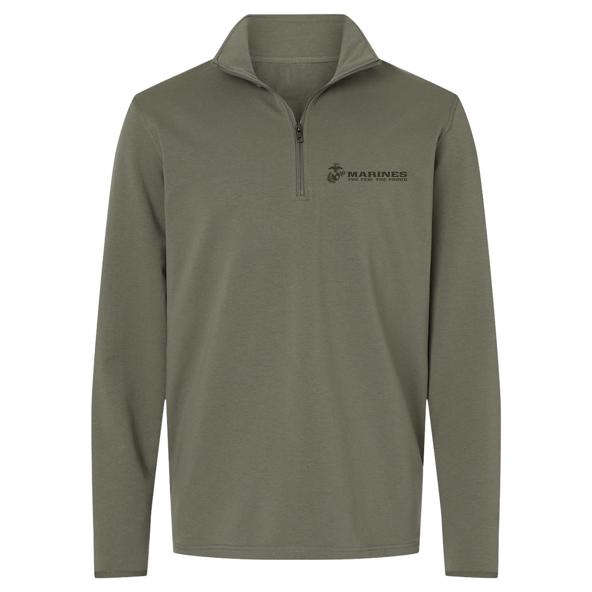 OD green Marines The Few The Proud performance quarter-zip pullover with OD green Eagle Globe and Anchor chest graphic for a monochromatic finish