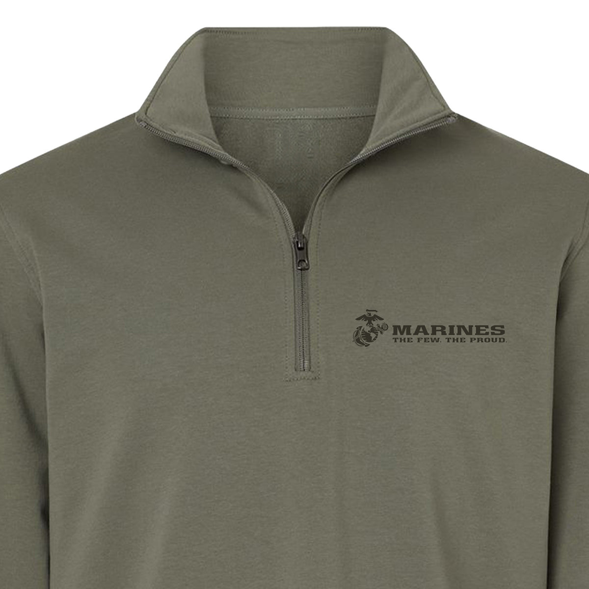 OD green Marines The Few The Proud performance quarter-zip pullover with OD green Eagle Globe and Anchor chest graphic for a monochromatic finish