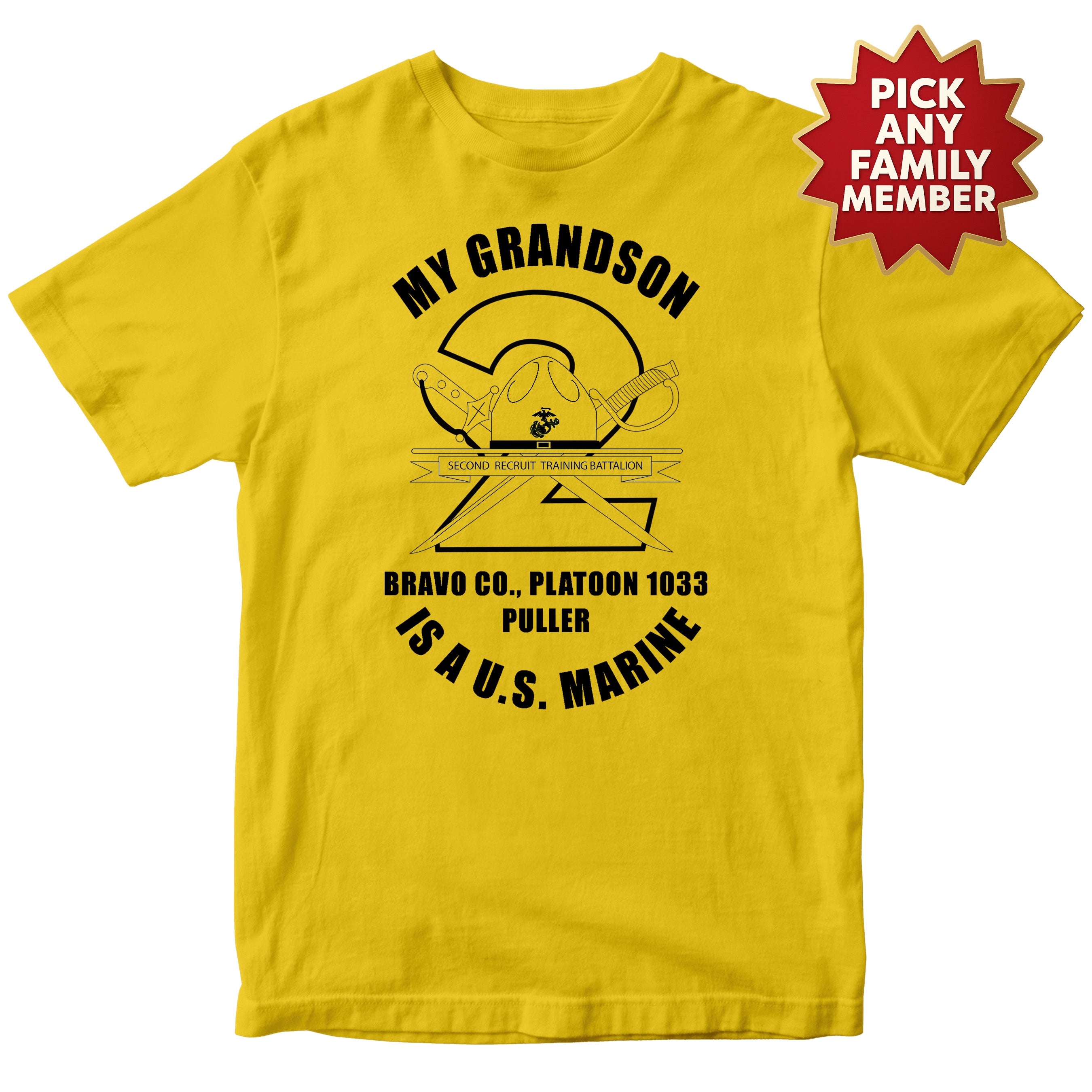 Custom Marine family T-shirt for 2nd Recruit Training Battalion with personalized family title, company, platoon, and U.S. Marine pride