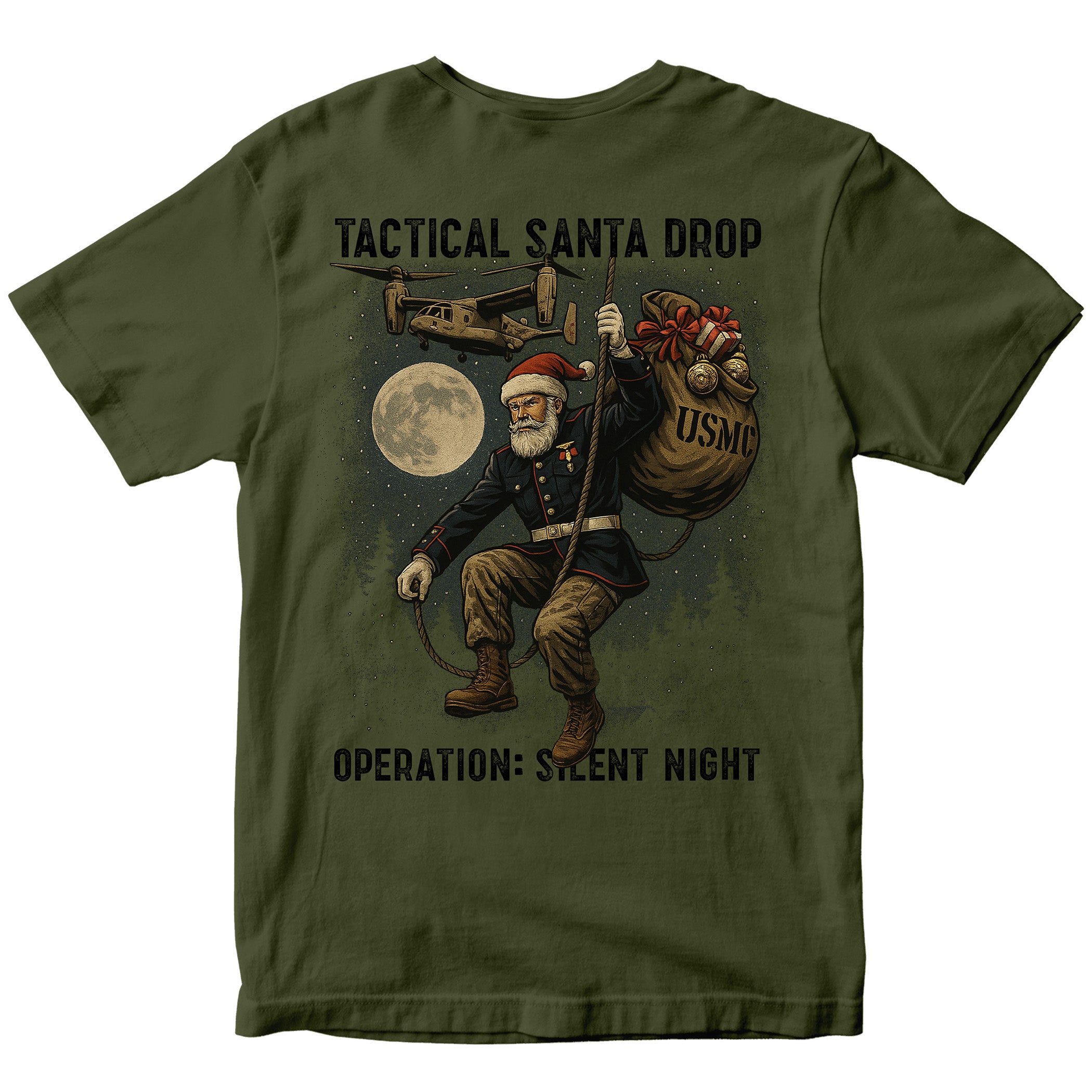 Green USMC Christmas Tee with Tactical Santa Drop illustration on back. Marines Christmas T-shirt