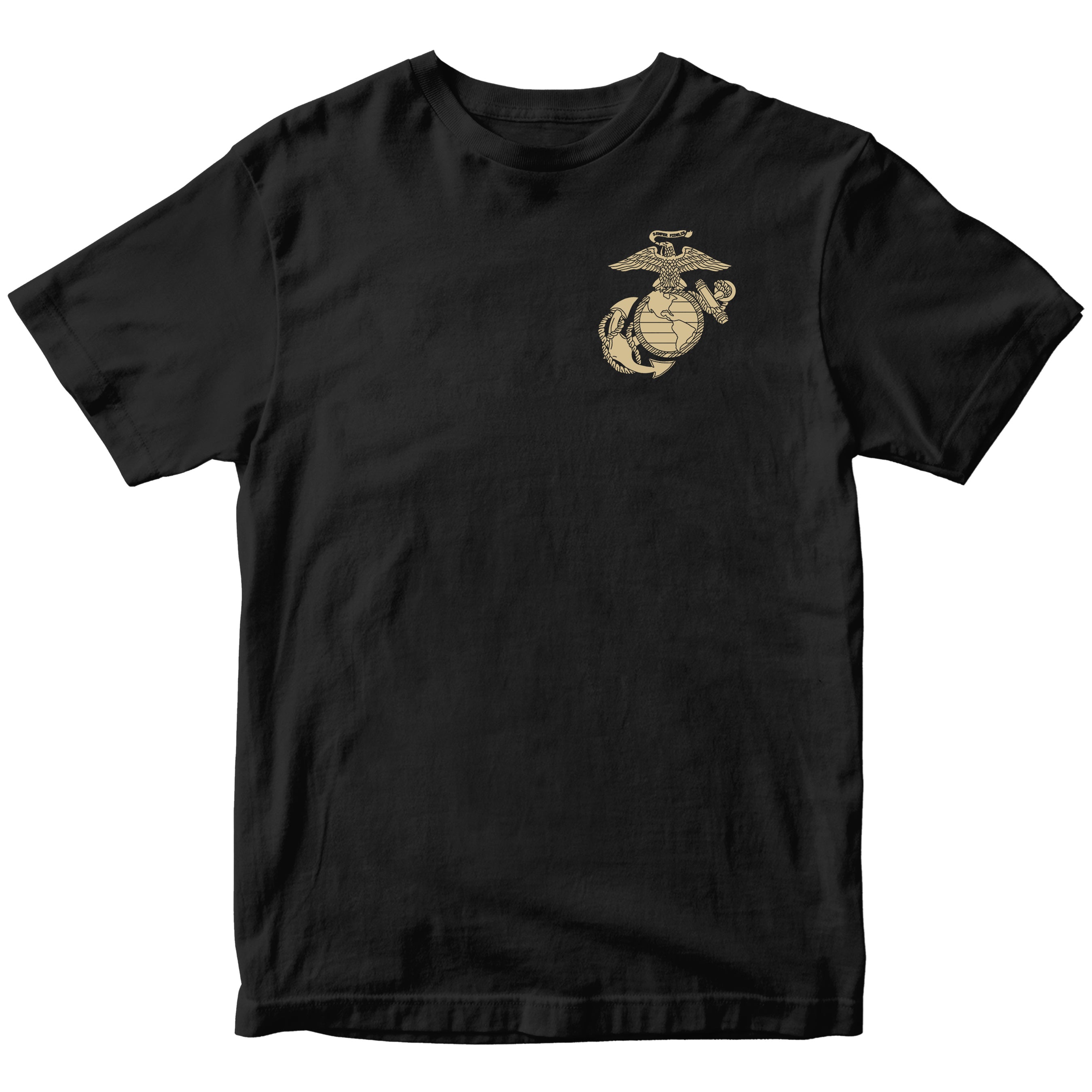 Black USMC Christmas Tee with Tactical Santa Drop illustration on back. Marines Christmas T-shirt