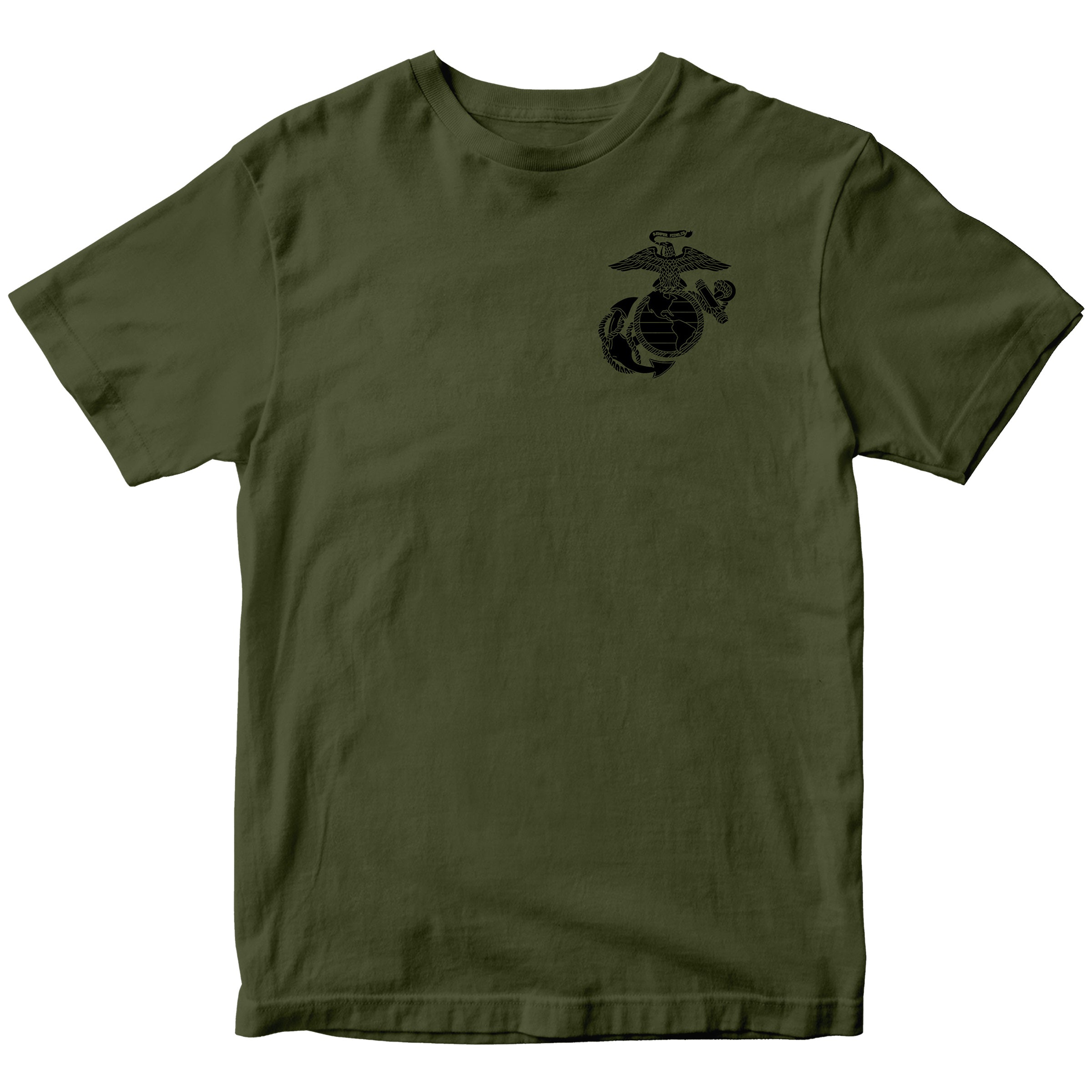 Green USMC Christmas Tee with Tactical Santa Drop illustration on back. Marines Christmas T-shirt