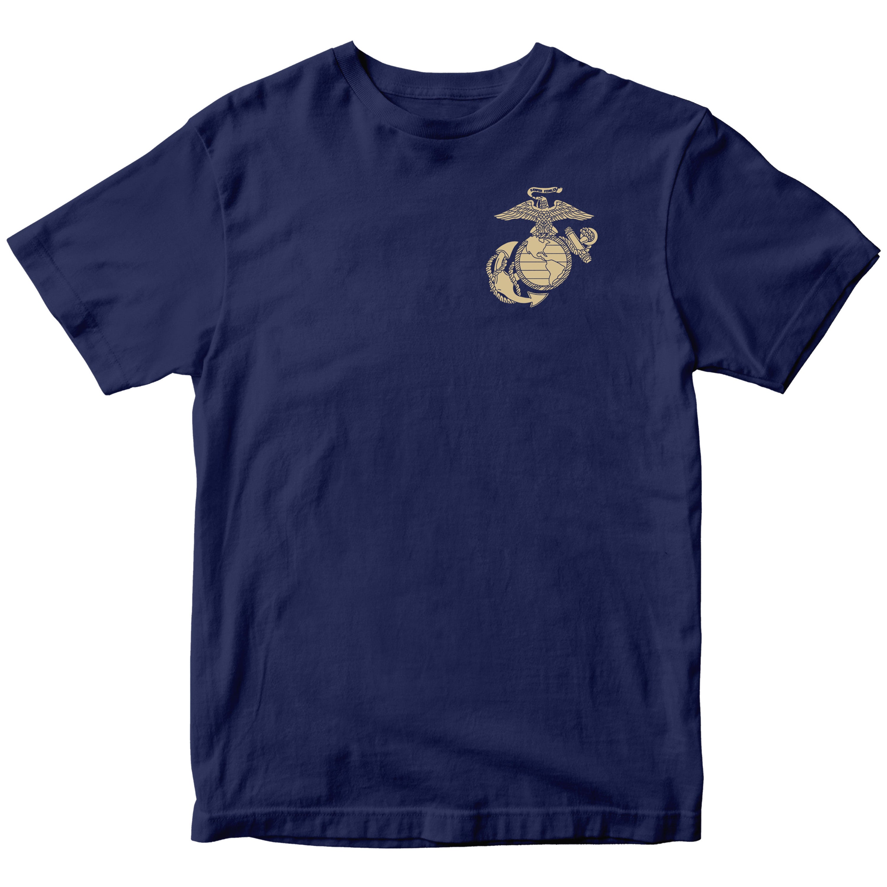 Navy USMC Christmas Tee with Tactical Santa Drop illustration on back. Marines Christmas T-shirt