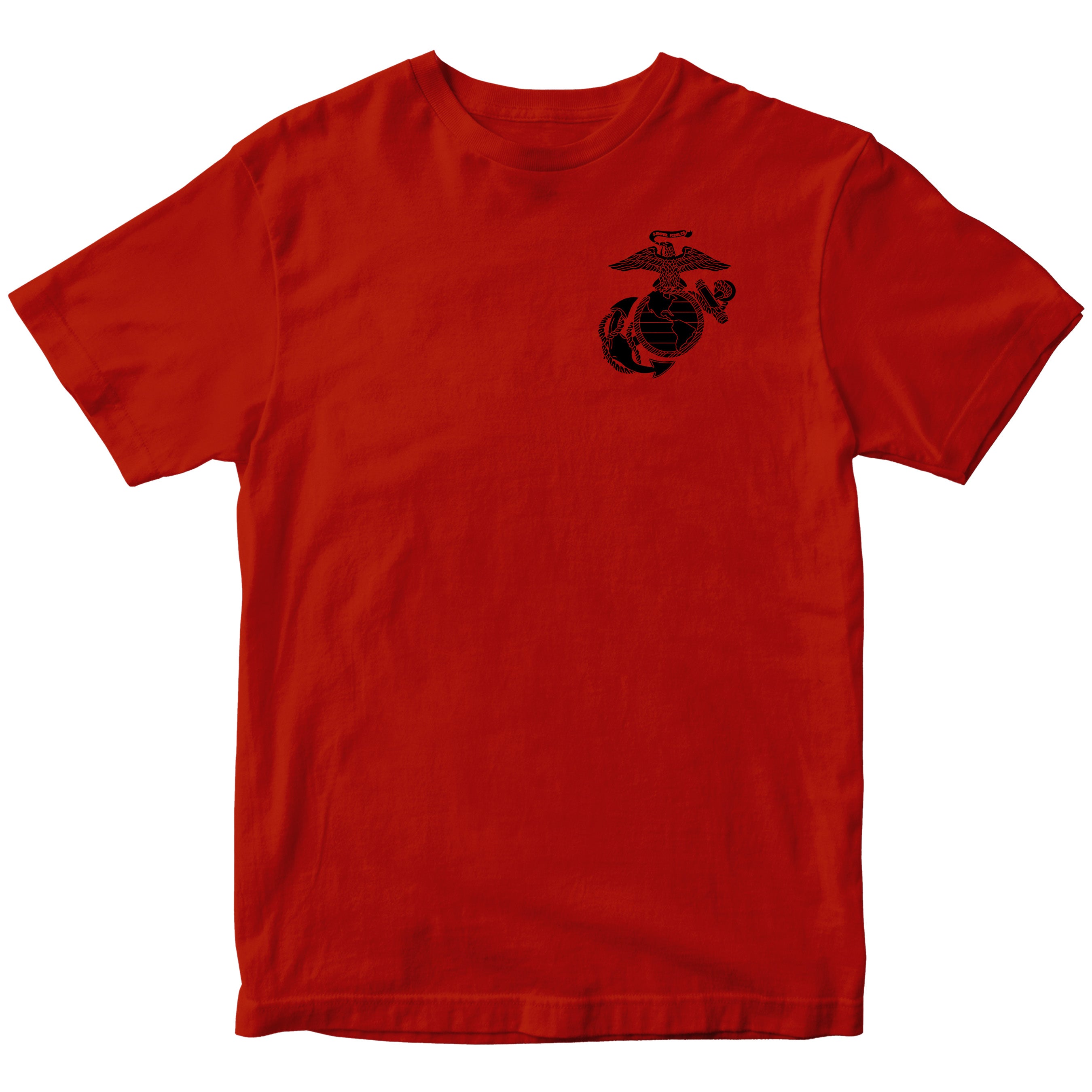 Red USMC Christmas Tee with Tactical Santa Drop illustration on back. Marines Christmas T-shirt