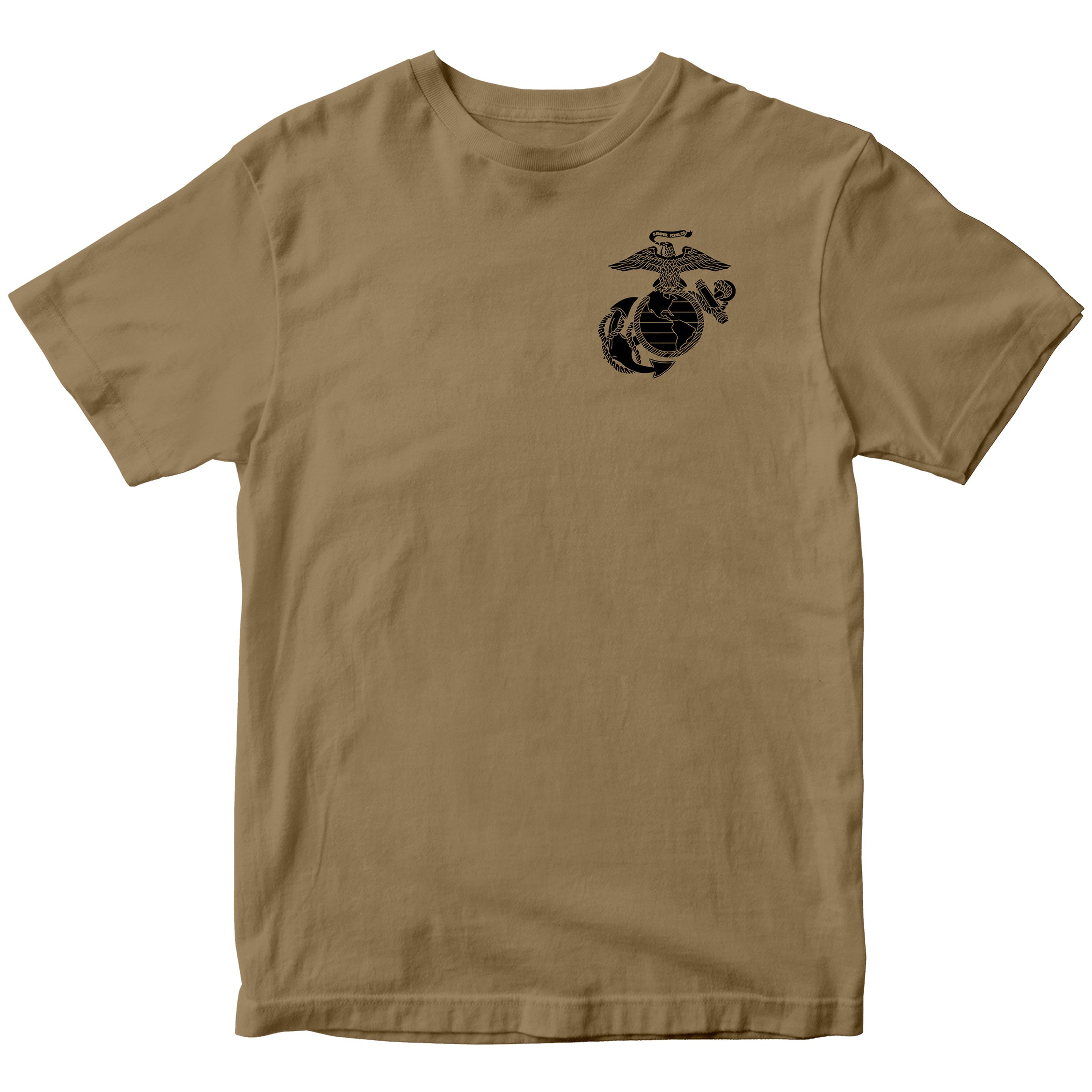 Khaki USMC Christmas Tee with Tactical Santa Drop illustration on back. Marines Christmas T-shirt