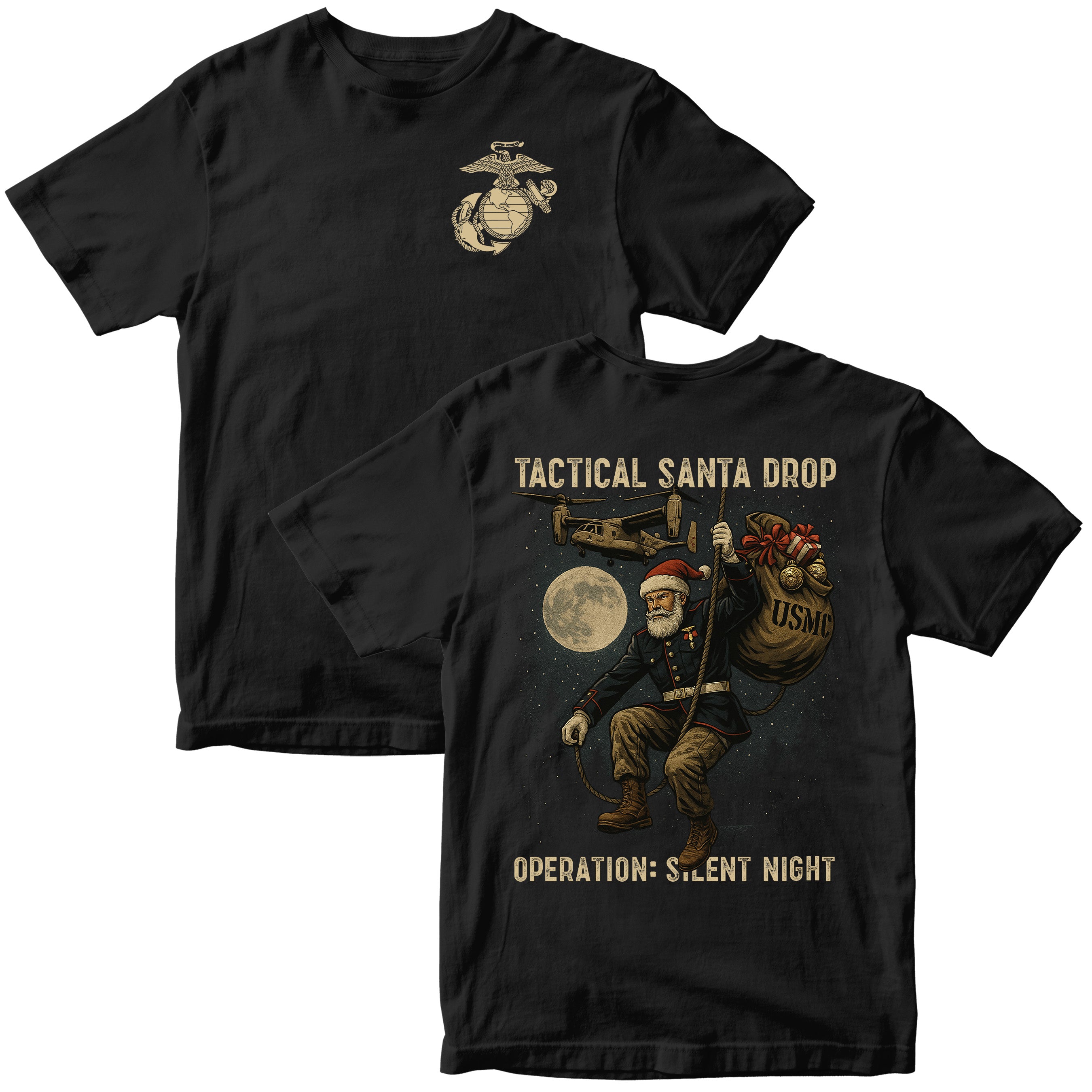 Black USMC Christmas Tee. Marines Tactical Santa Drop T-shirt with EGA chest and full Santa illustration on back.