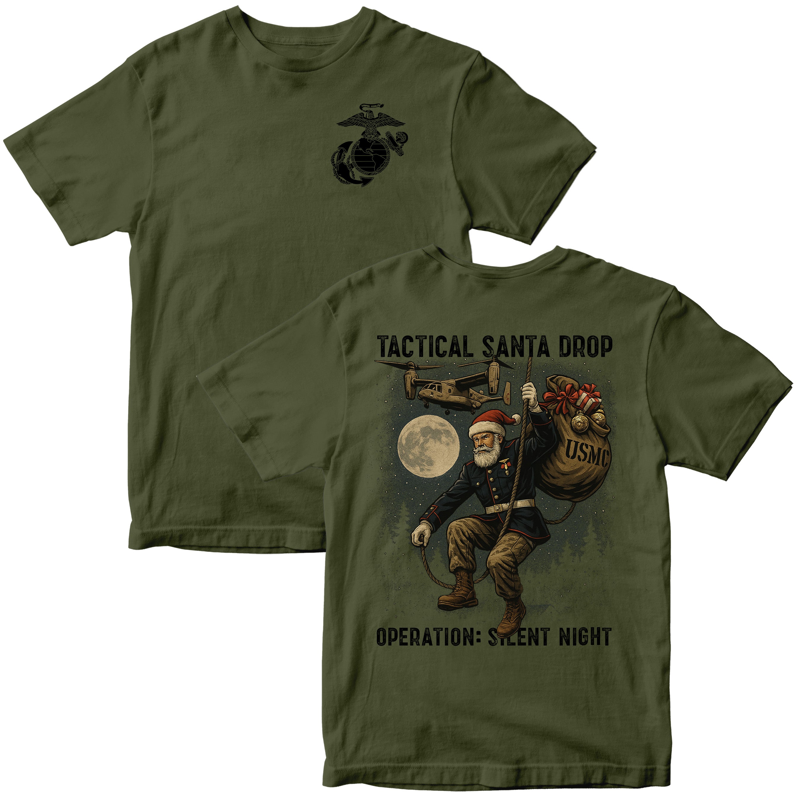 Green USMC Christmas Tee. Marines Tactical Santa Drop T-shirt with EGA chest and full Santa illustration on back.