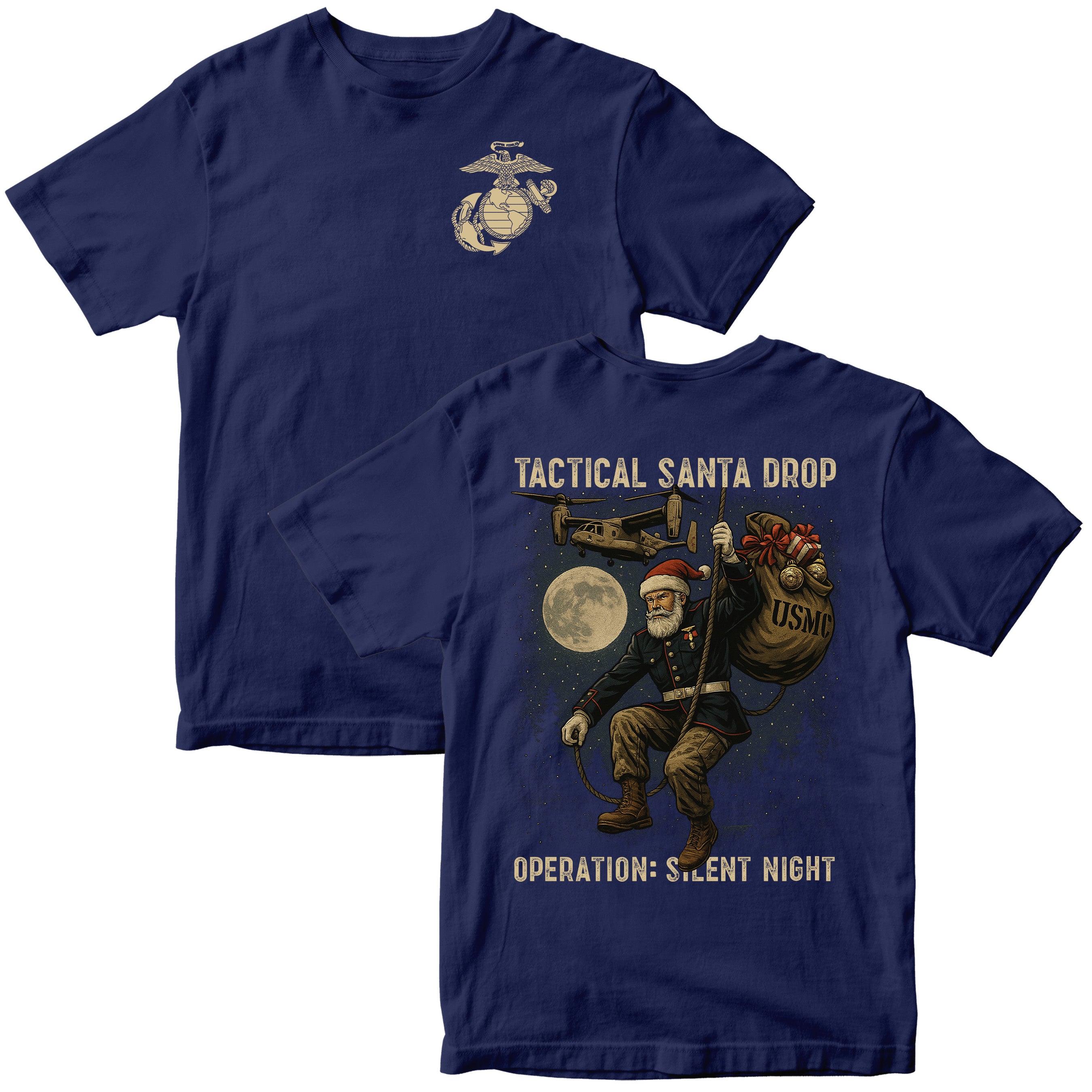 Navy USMC Christmas Tee. Marines Tactical Santa Drop T-shirt with EGA chest and full Santa illustration on back.