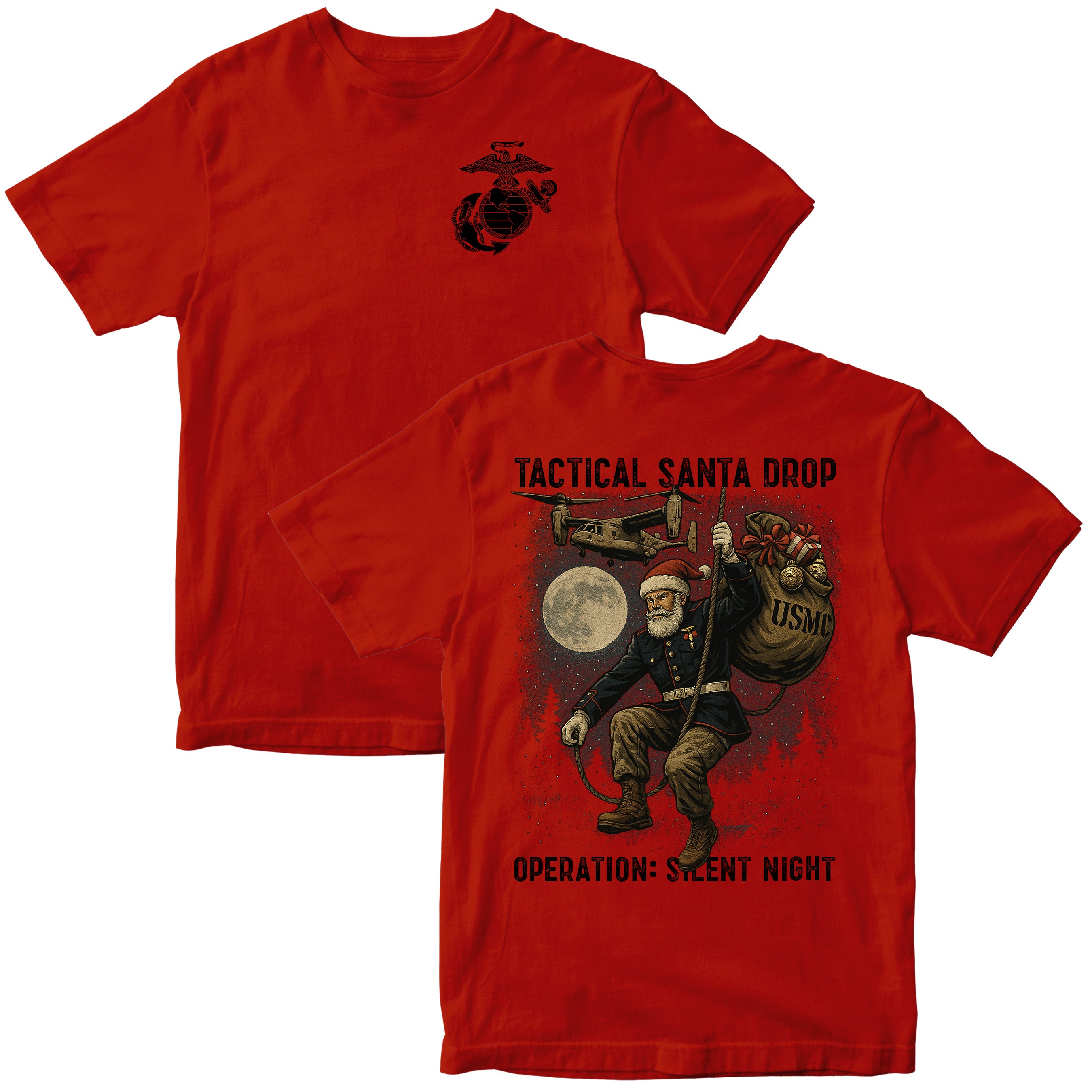 Red USMC Christmas Tee. Marines Tactical Santa Drop T-shirt with EGA chest and full Santa illustration on back.