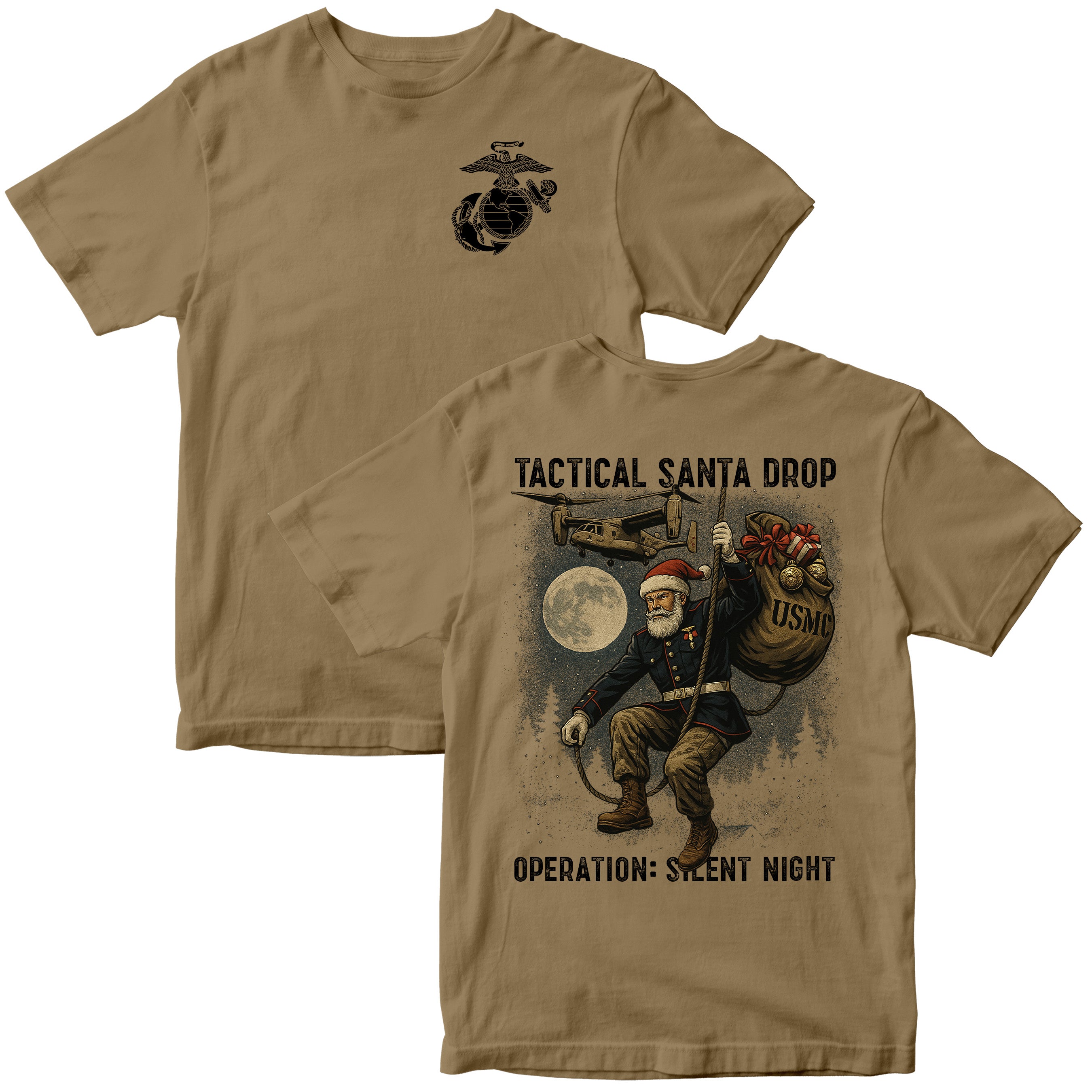 Brown USMC Christmas Tee. Marines Tactical Santa Drop T-shirt with EGA chest and full Santa illustration on back.