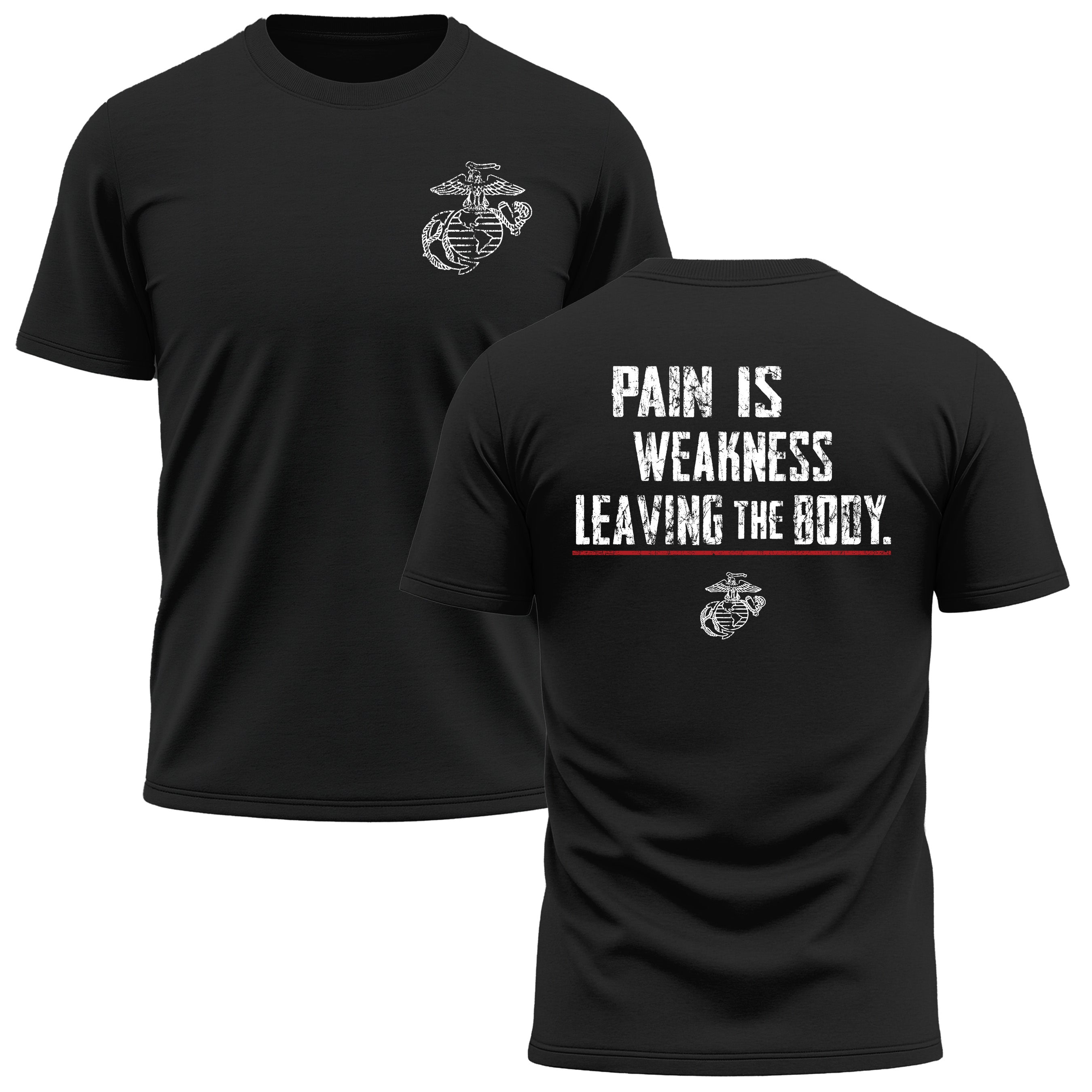 Black USMC Performance T-shirt with motivational quote, “Pain Is Weakness Leaving the Body,”. Marine Corps Performance Tee