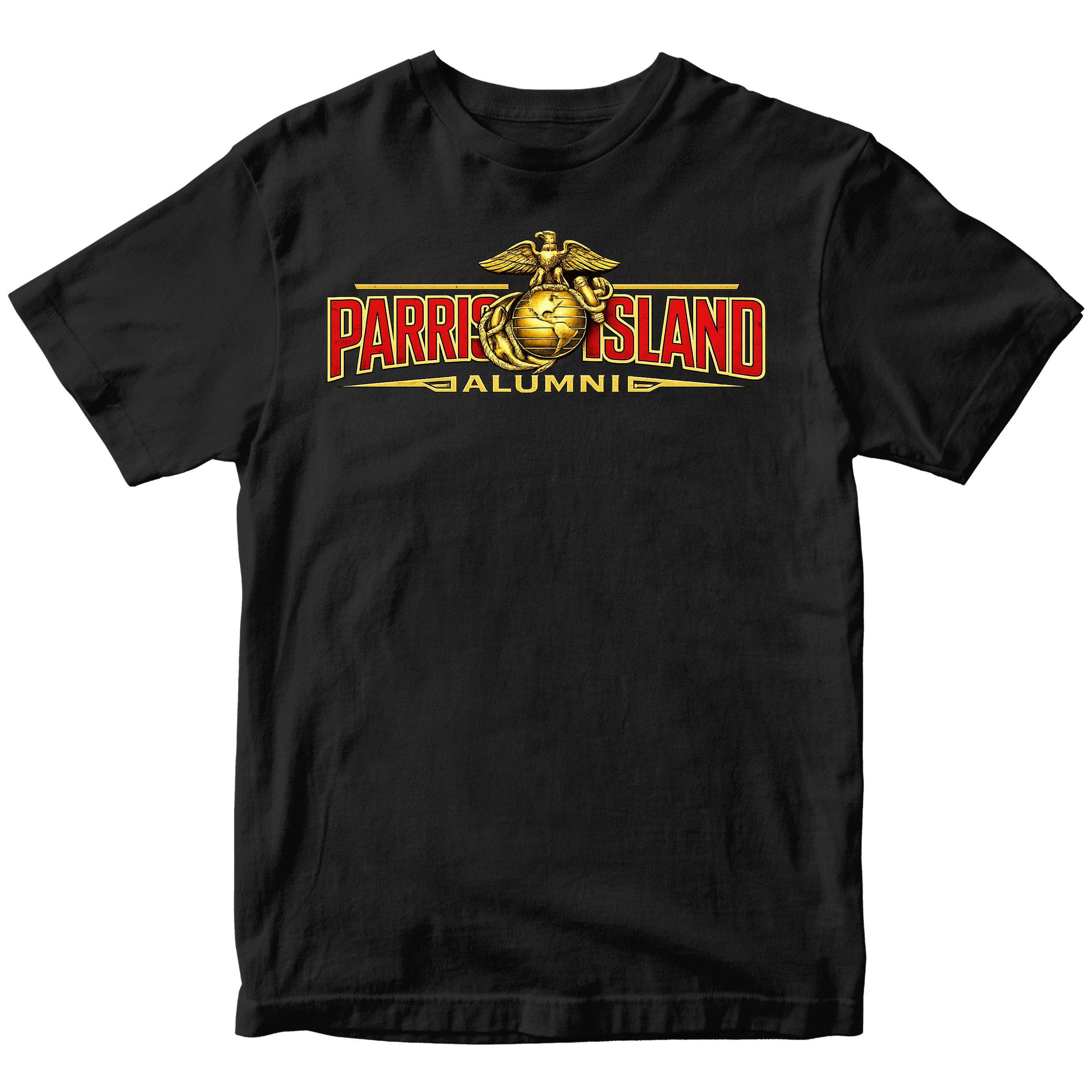 United States Marine Corps Parris Island alumni shirt featuring EGA emblem. Black MCRD Parris Island Tee.