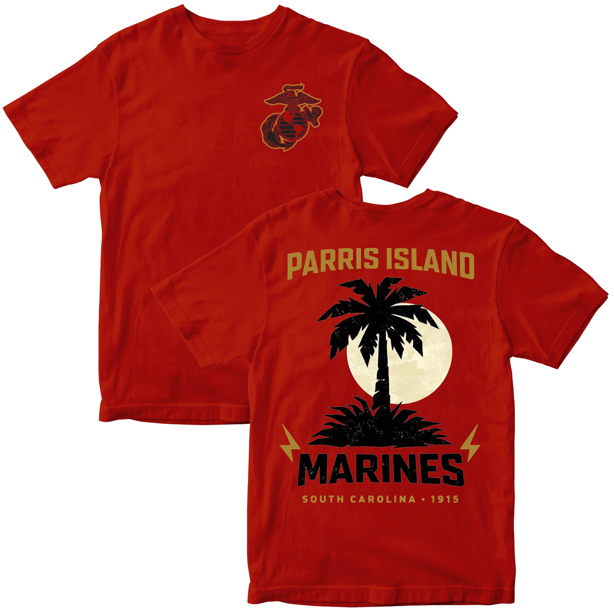 United States Marine Corps Parris Island South Carolina Palm Tree T-shirt with Marine Corps emblem. Red USMC Parris Island Tee