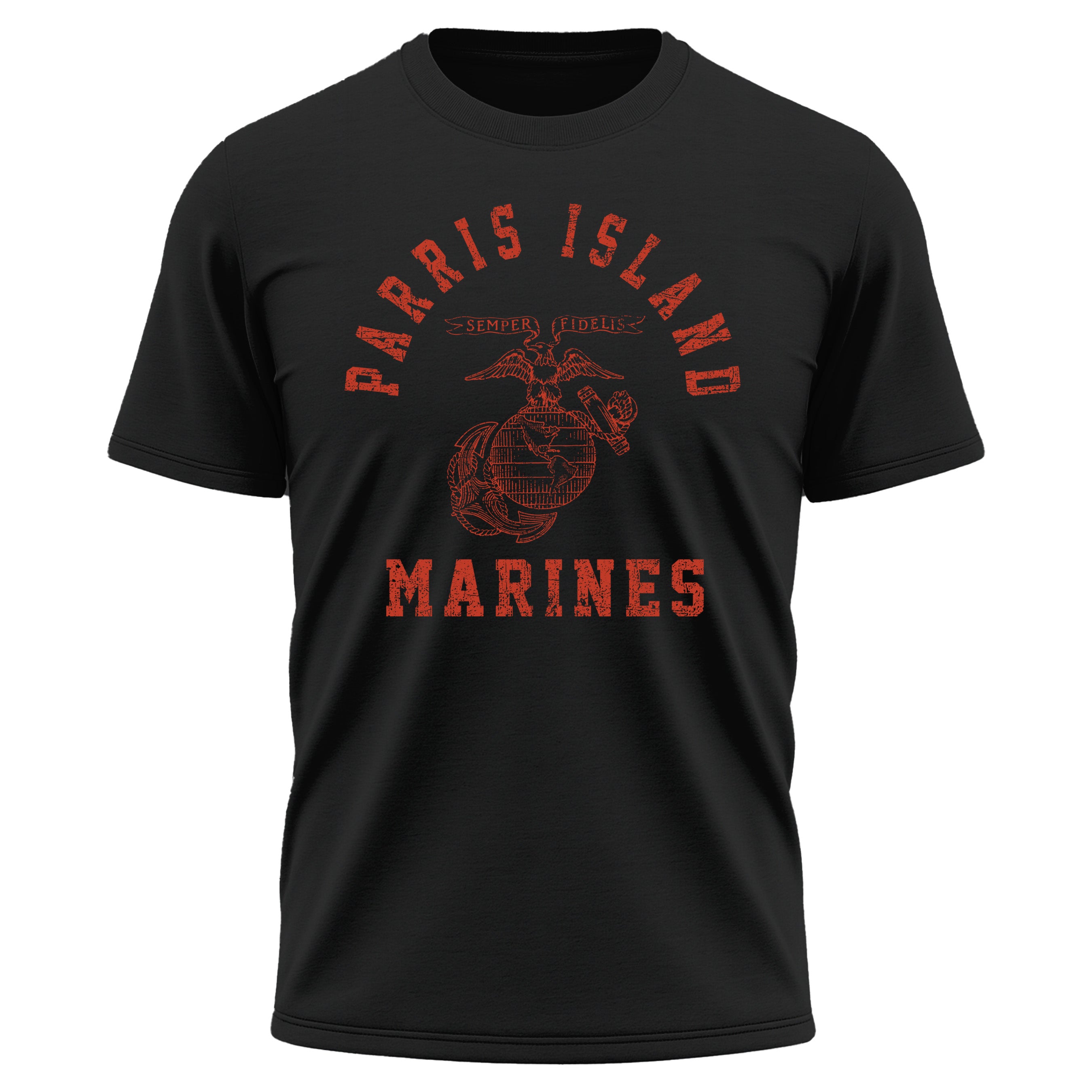 Black USMC performance t-shirt with distressed red print featuring 'Parris Island' arched above the EGA emblem, and 'Marines' text below. Vintage Marine Corps training shirts from MCRD Parris Island.
