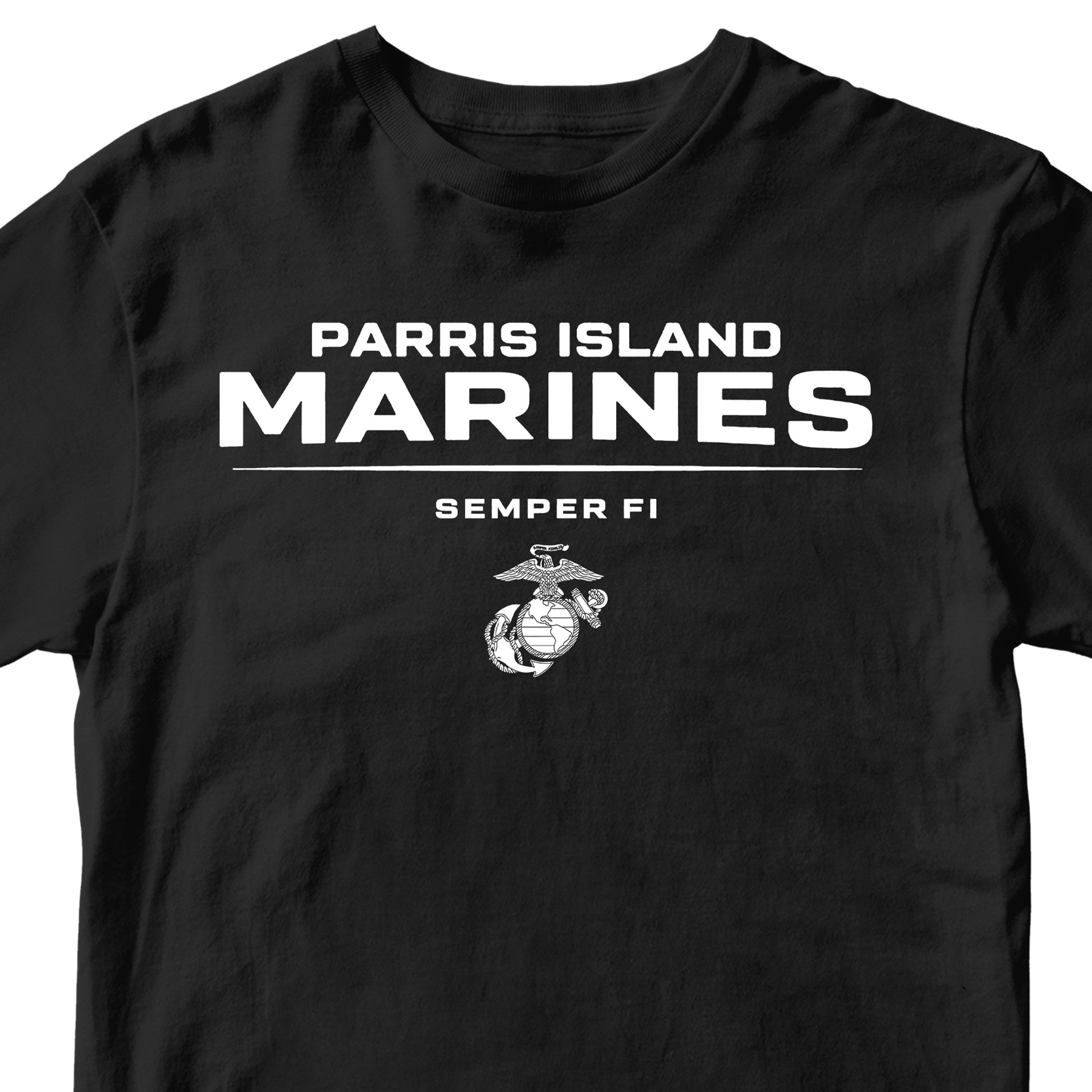 Black Parris Island Marines T-shirt with Eagle Globe and Anchor Marine Corps design. United States Marine Corps  Parris Island Tee