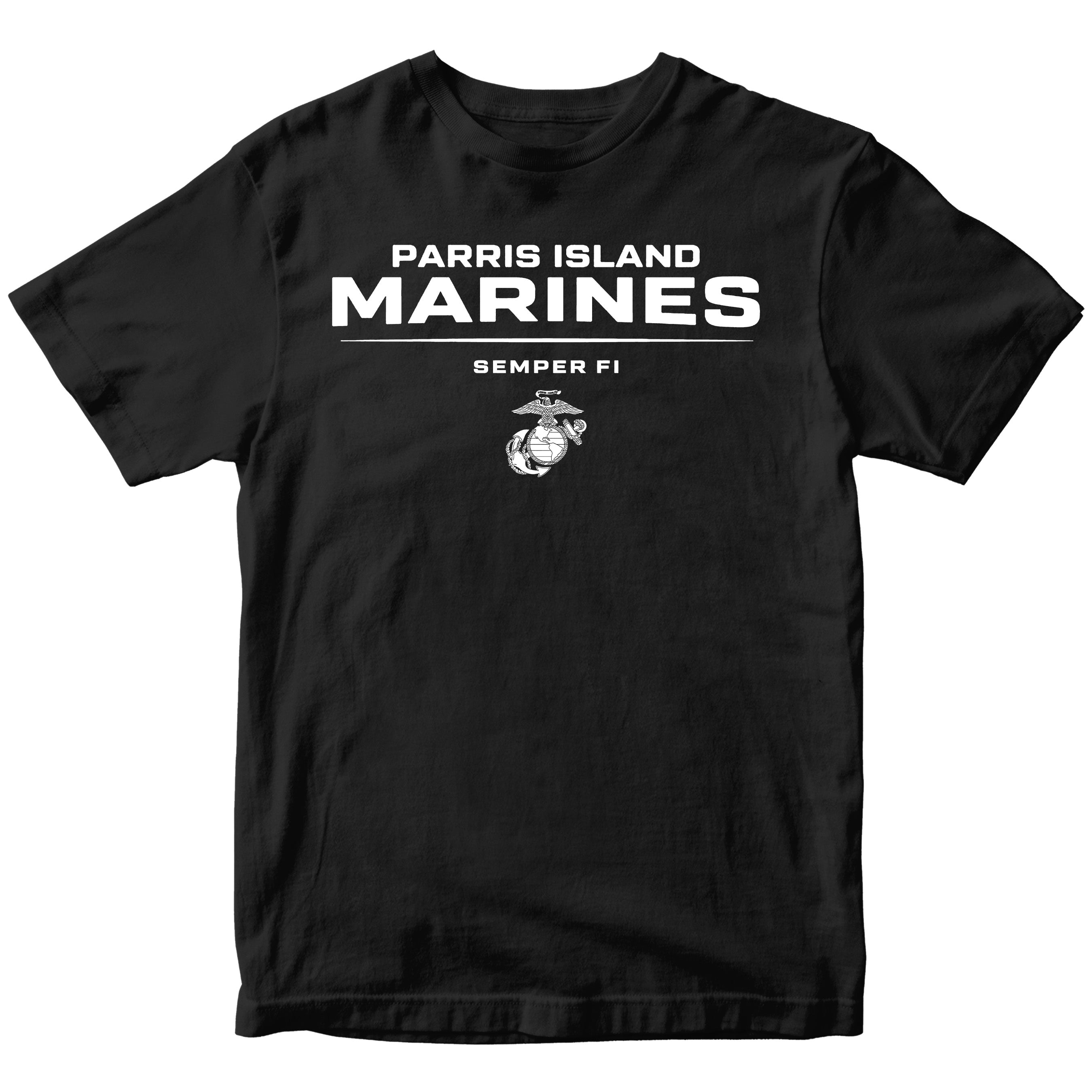 Black Parris Island Marines T-shirt with Eagle Globe and Anchor Marine Corps design. United States Marine Corps  Parris Island Tee