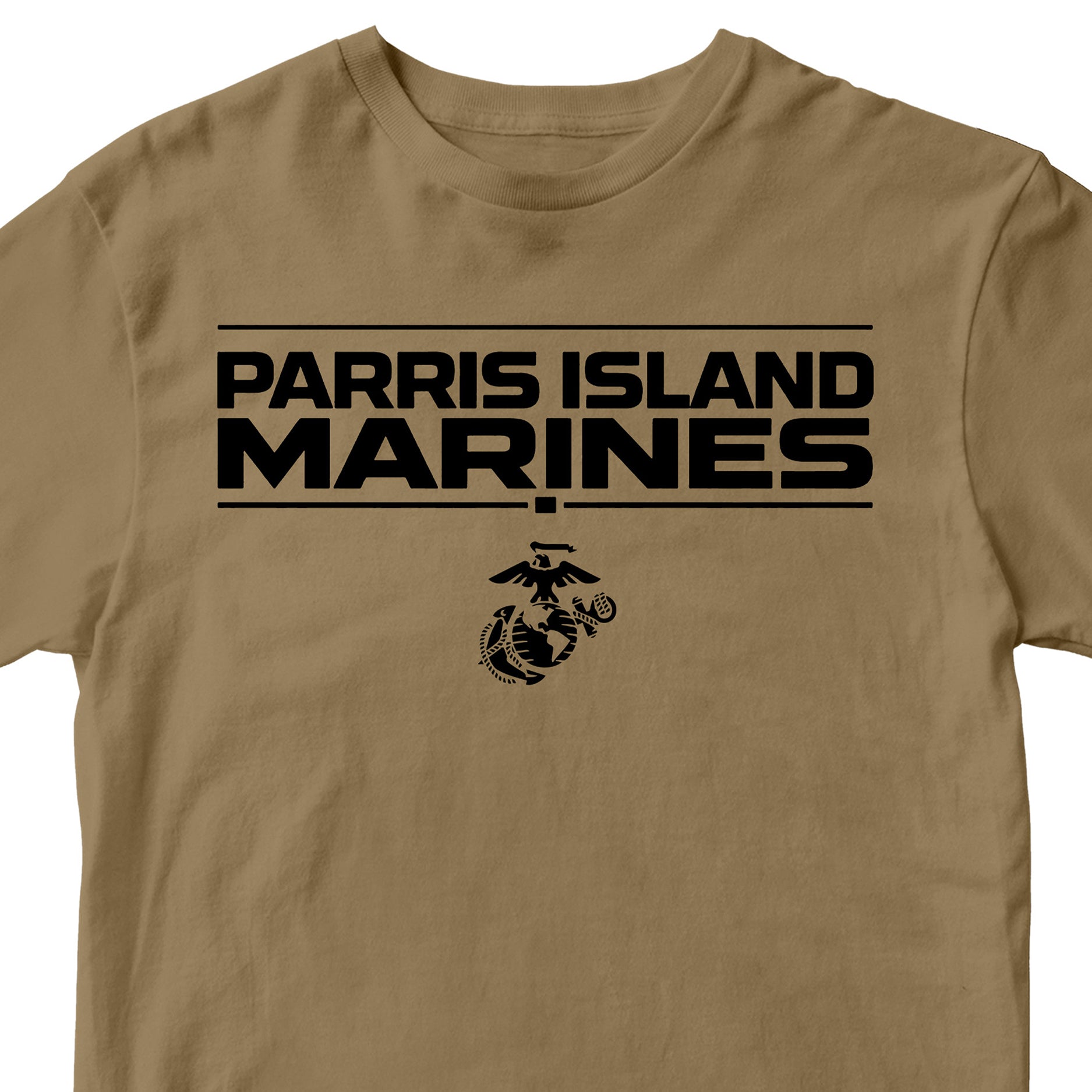 Brown MCRD Parris Island Marines T-shirt with Eagle Globe and Anchor Marine Corps design. United States Marine Corps  Parris Island Tee