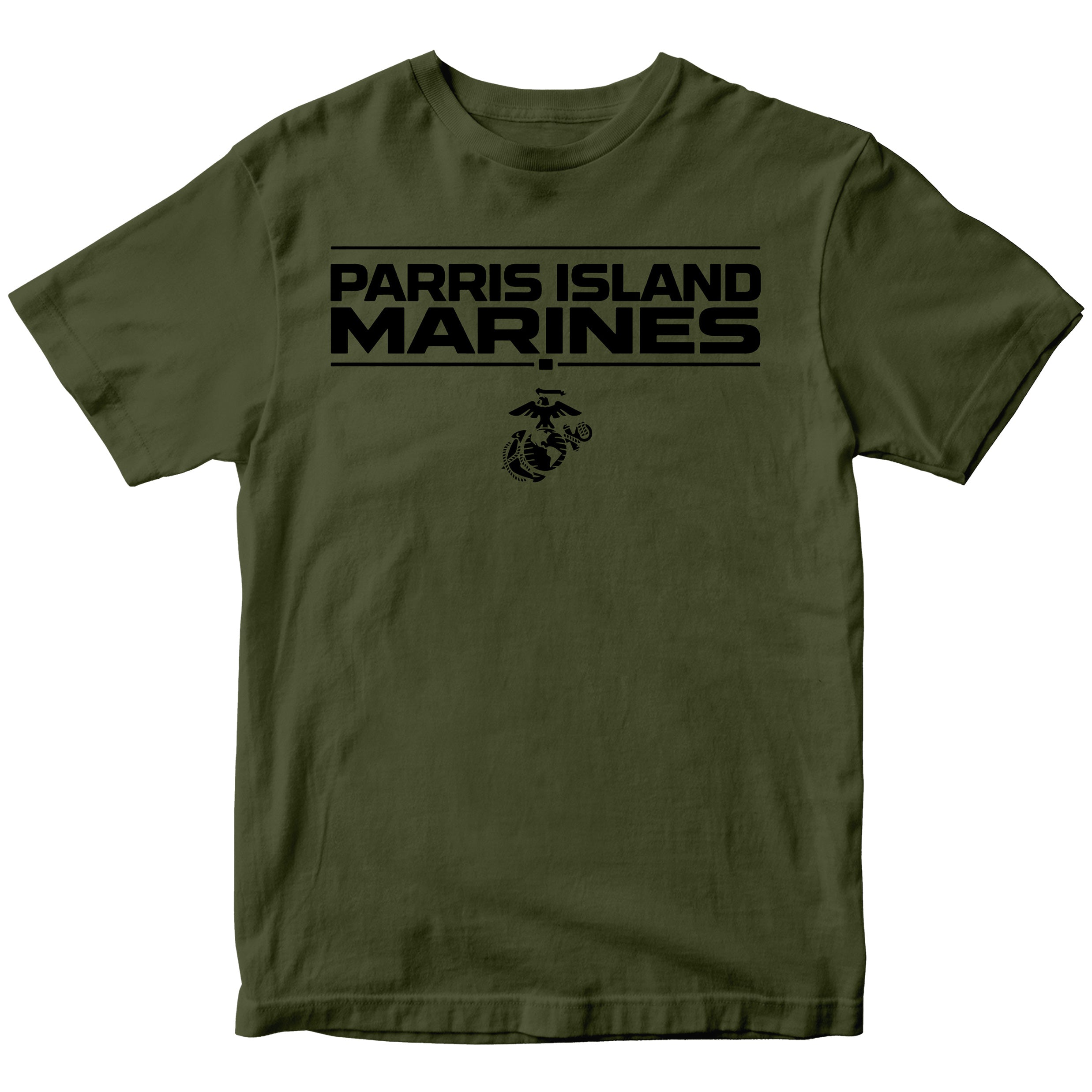 Green MCRD Parris Island Marines T-shirt with Eagle Globe and Anchor Marine Corps design. United States Marine Corps  Parris Island Tee