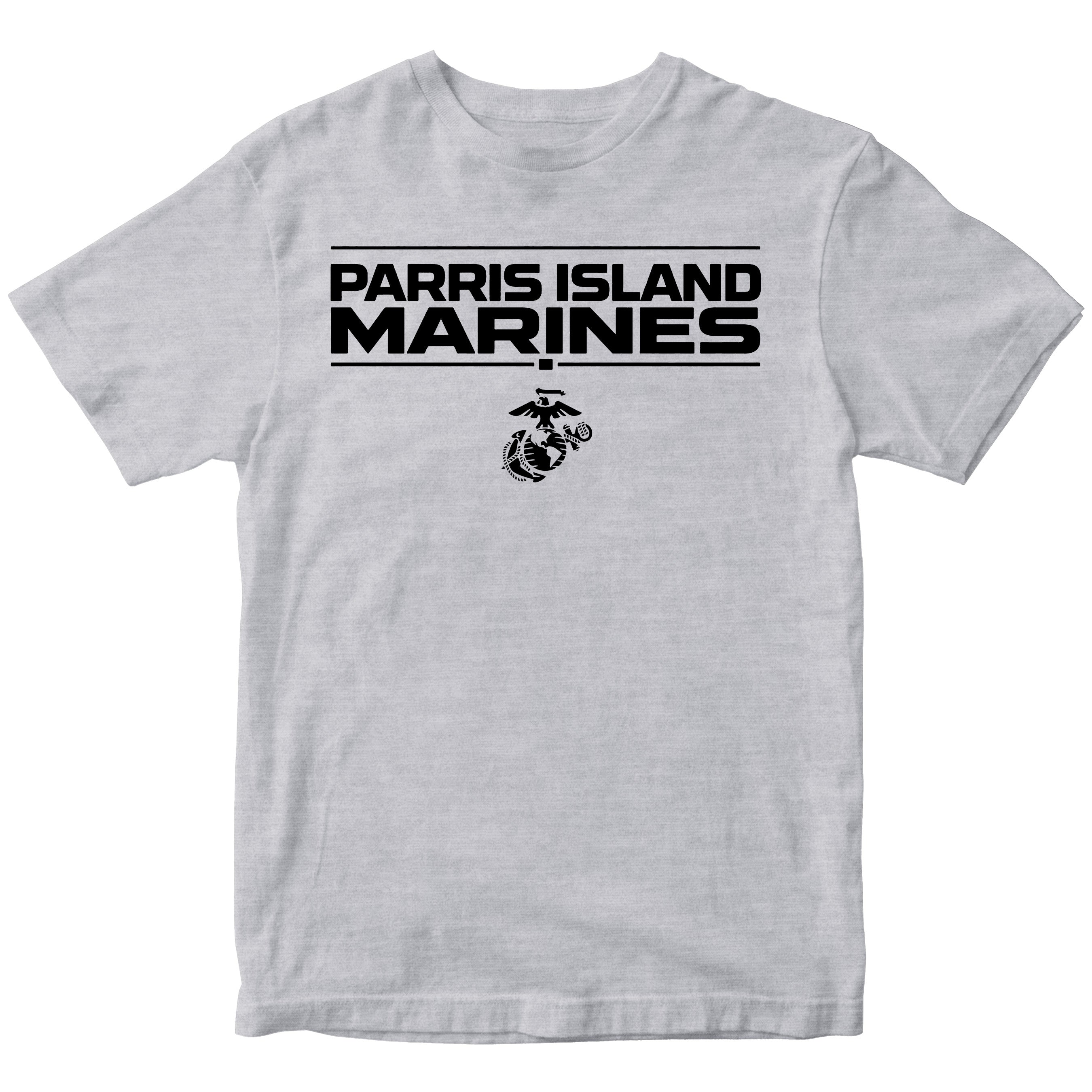 Grey MCRD Parris Island Marines T-shirt with Eagle Globe and Anchor Marine Corps design. United States Marine Corps  Parris Island Tee