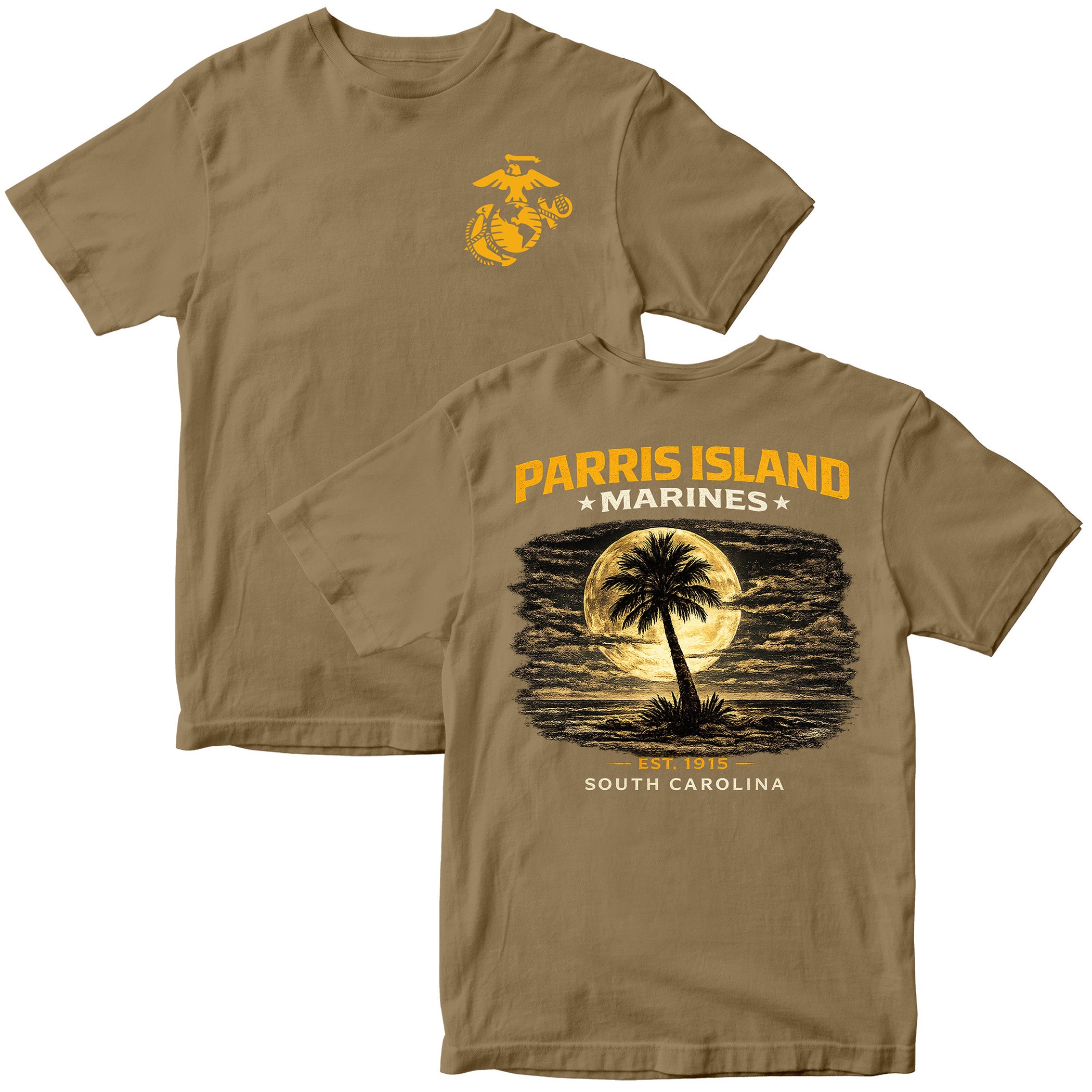 MCRD Parris Island Marines T-shirt with South Carolina graphic and Eagle Globe and Anchor. Brown United States Marine Corps MCRD Parris Island Tee