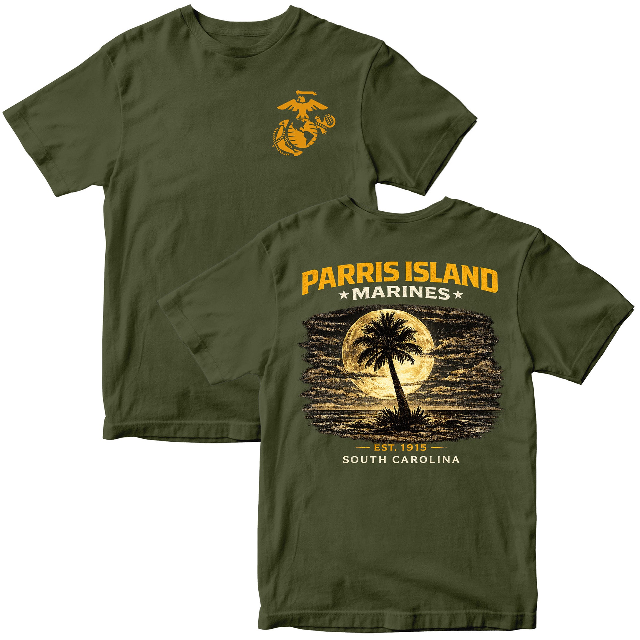 MCRD Parris Island Marines T-shirt with South Carolina graphic and Eagle Globe and Anchor. Green United States Marine Corps MCRD Parris Island Tee