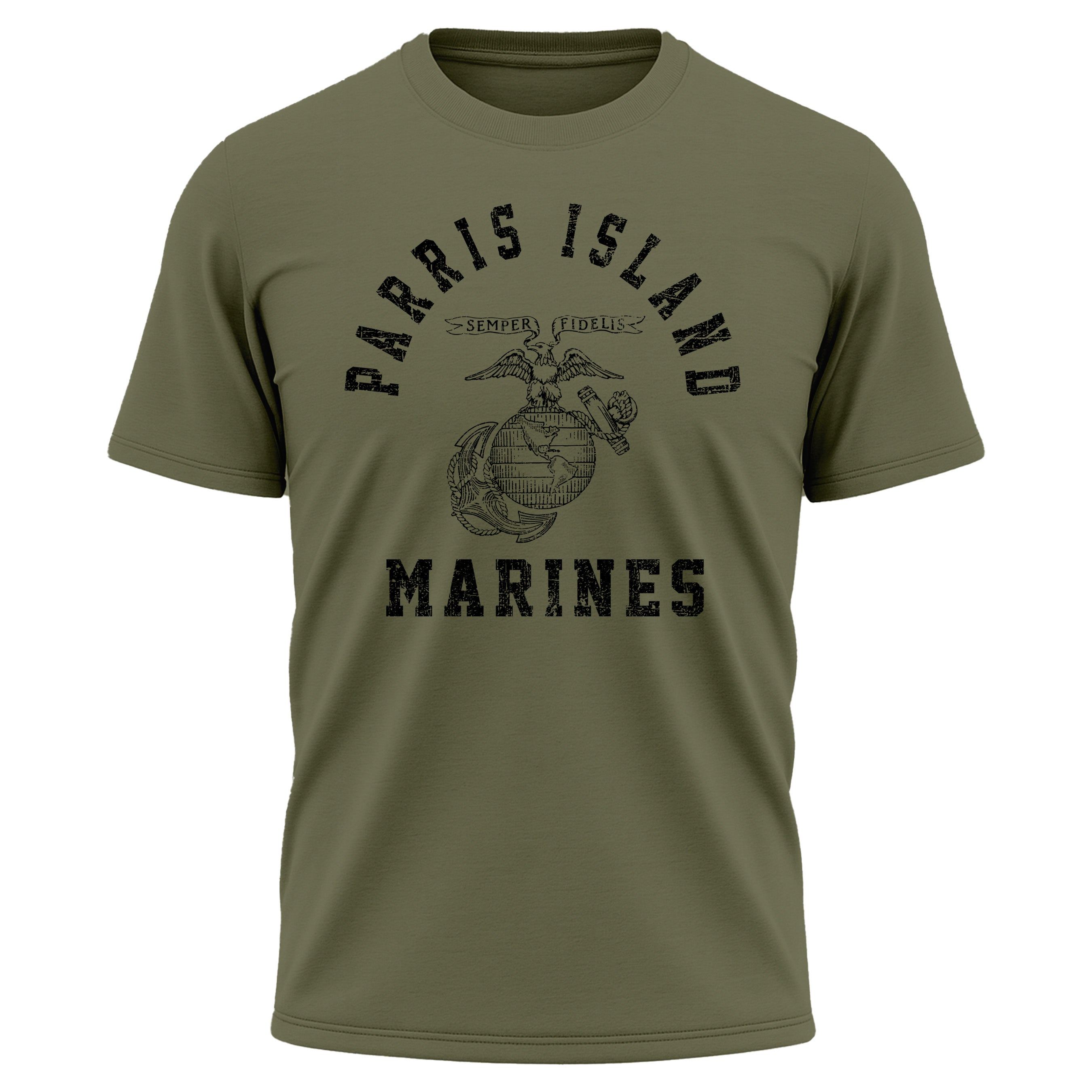 Green USMC performance t-shirt with distressed red print featuring 'Parris Island' arched above the EGA emblem, and 'Marines' text below. Vintage Marine Corps training shirts from MCRD Parris Island.
