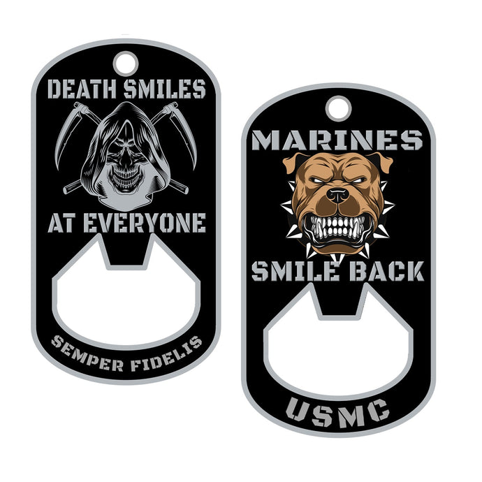 Death Smiles Dog Tag Bottle Opener- Marine Corps Challenge Coin