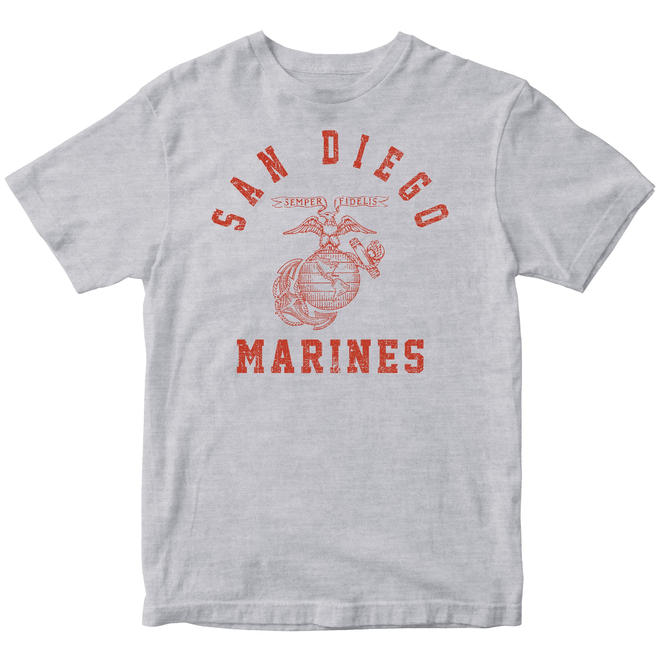 USMC Grey t-shirt with distressed red print featuring 'San Diego' arched above the Eagle, Globe, and Anchor emblem, and 'Marines' text below—designed in the style of vintage Marine Corps training shirts from MCRD San Diego.