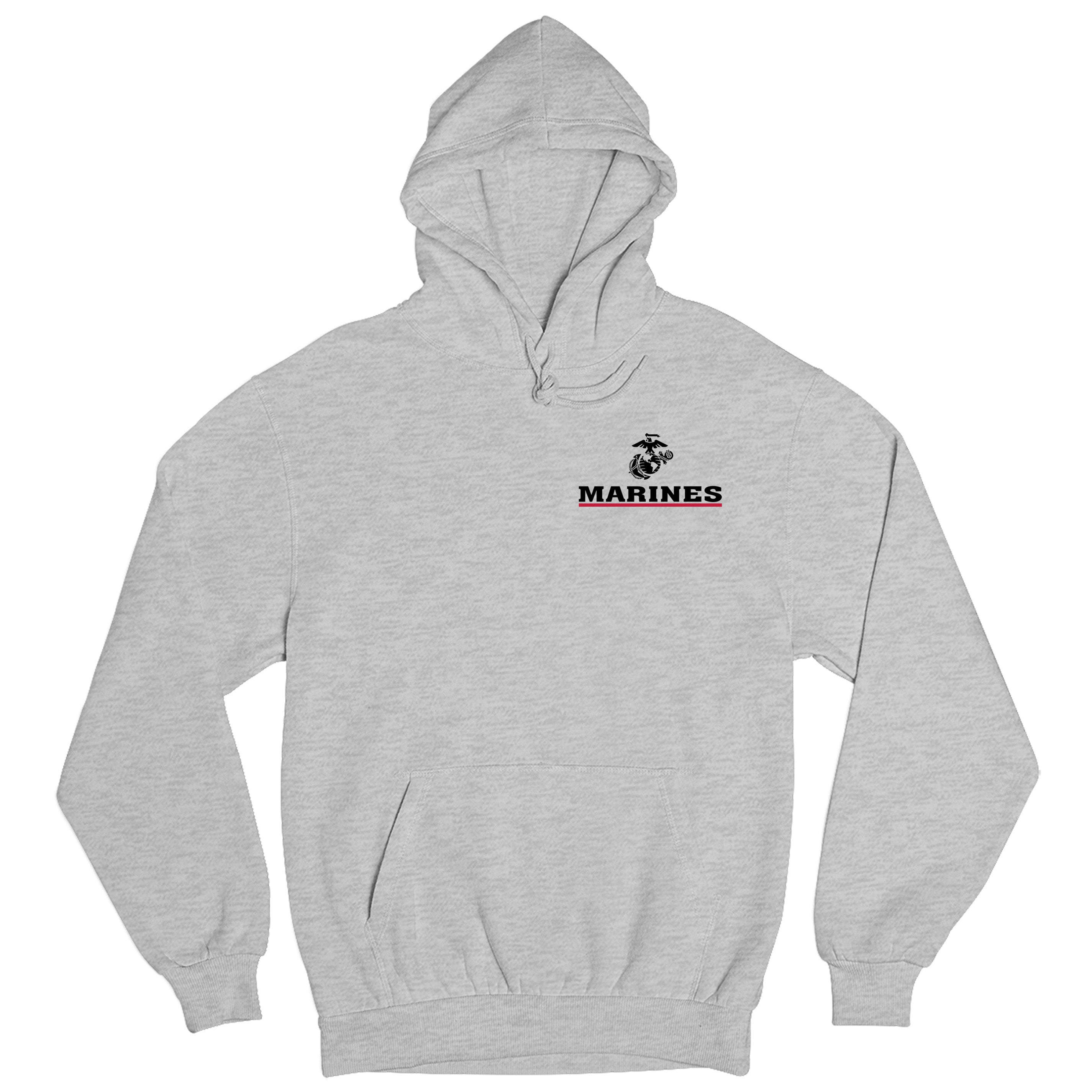 Gray USMC Hoodie with EGA chest seal emblem above bold 'MARINES' text and a red underline, minimalist Marine Corps design.