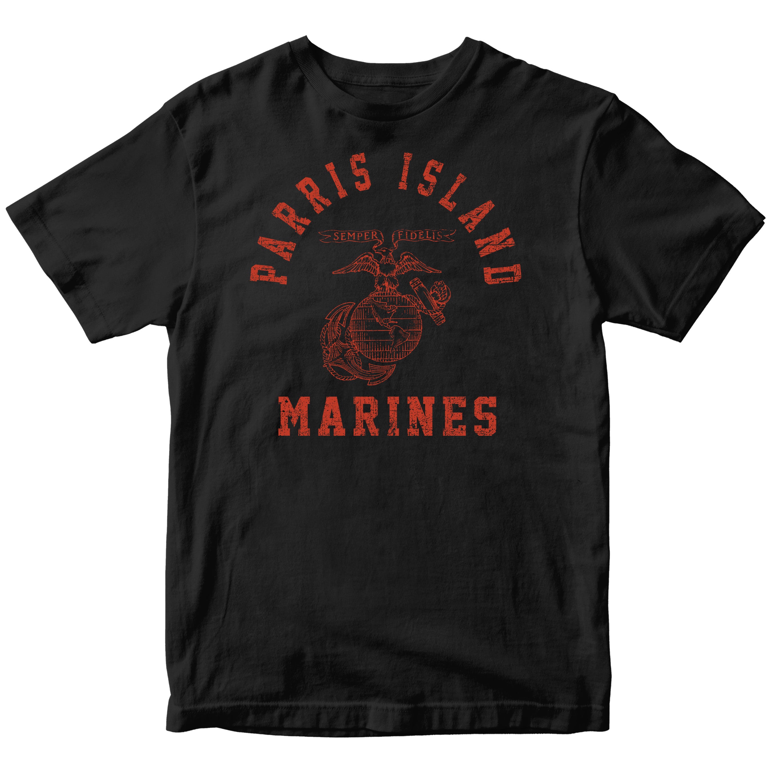 USMC black t-shirt with distressed red print featuring 'Parris Island' arched above the Eagle, Globe, and Anchor emblem, and 'Marines' text below—designed in the style of vintage Marine Corps training shirts from MCRD Parris Island.