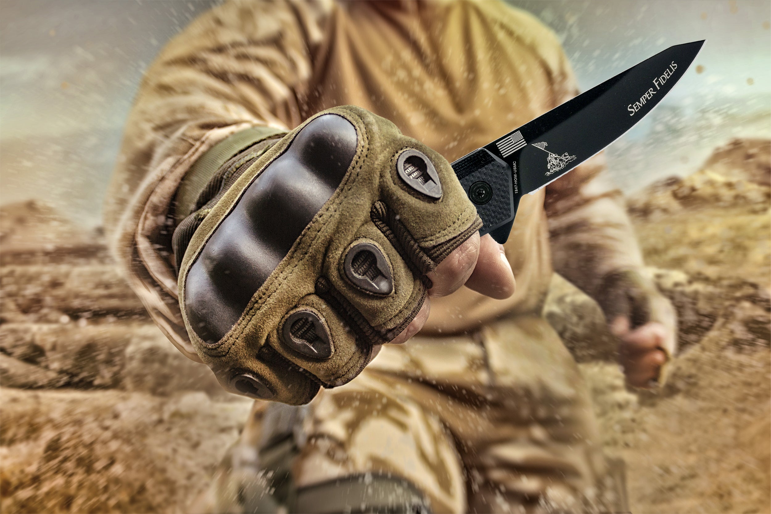 USMC folding knife engraved with Semper Fidelis and Iwo Jima flag design