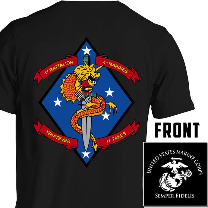 1st Battalion 4th Marines Unit Logo Black Short Sleeve T-Shirt