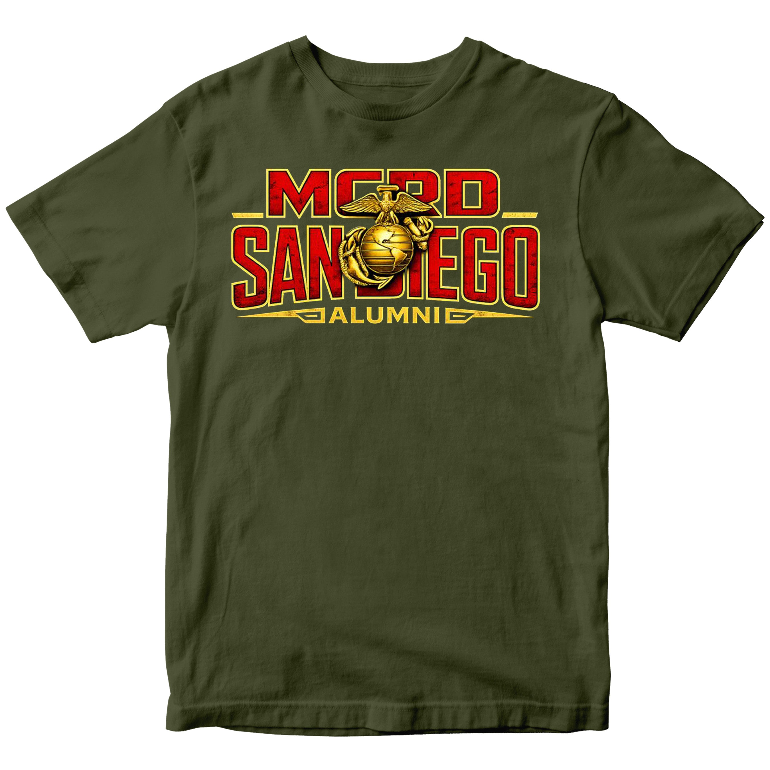 United States Marine Corps San Diego alumni shirt featuring EGA emblem. Green MCRD San Diego Tee.