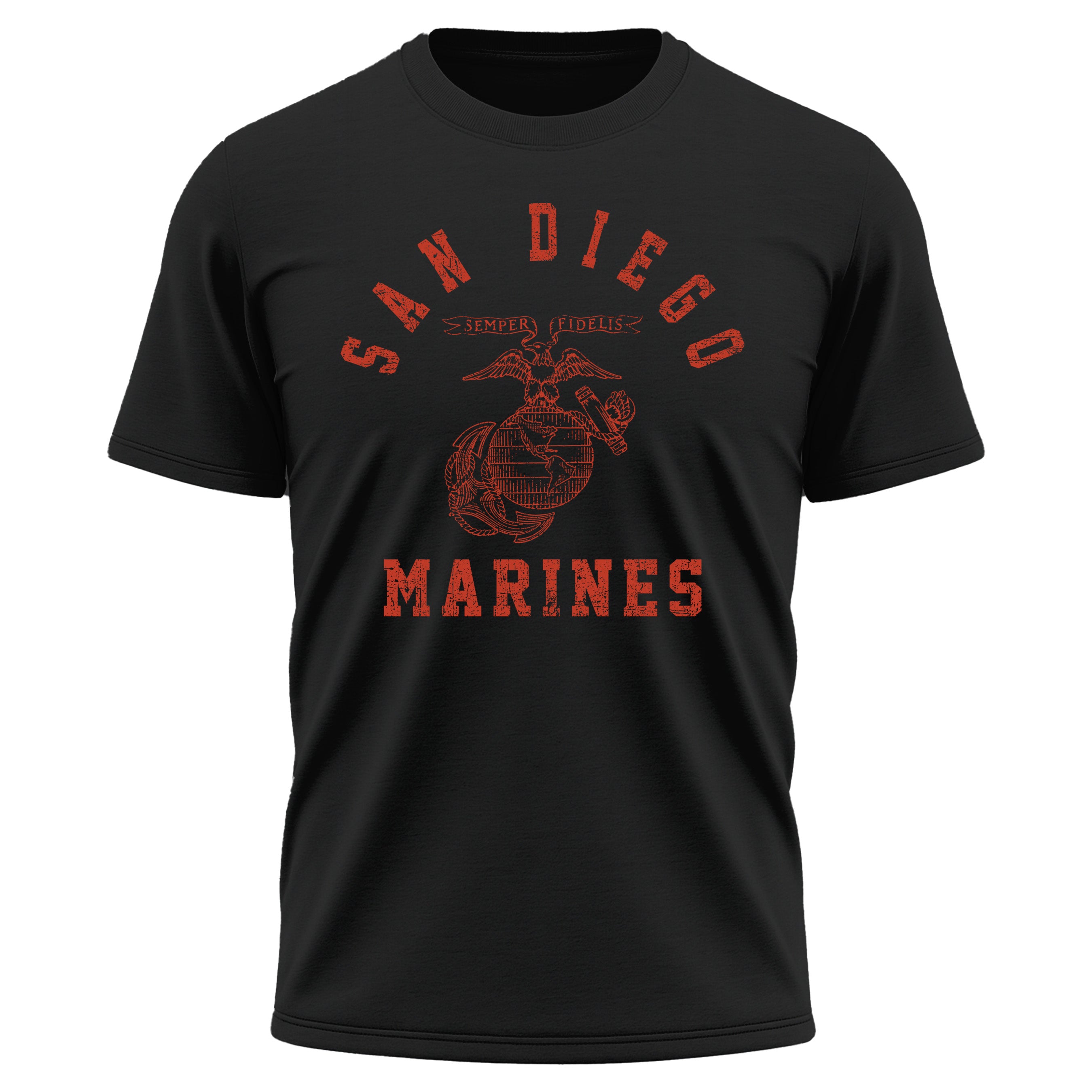 Black USMC performance t-shirt with distressed red print featuring 'San Diego' arched above the EGA emblem, and 'Marines' text below. Vintage Marine Corps training shirts from MCRD San Diego.