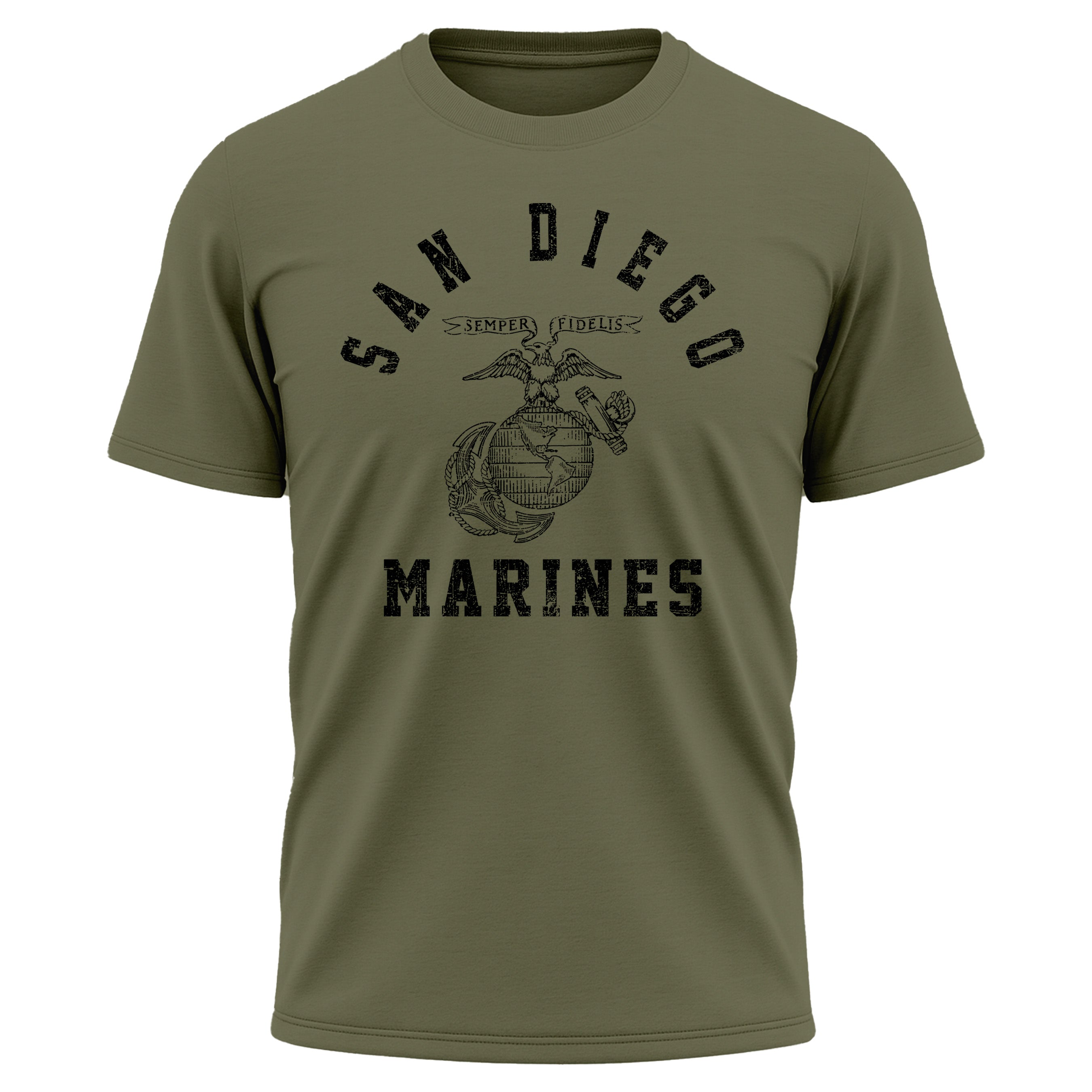 Green USMC performance t-shirt with distressed red print featuring 'San Diego' arched above the EGA emblem, and 'Marines' text below. Vintage Marine Corps training shirts from MCRD San Diego.