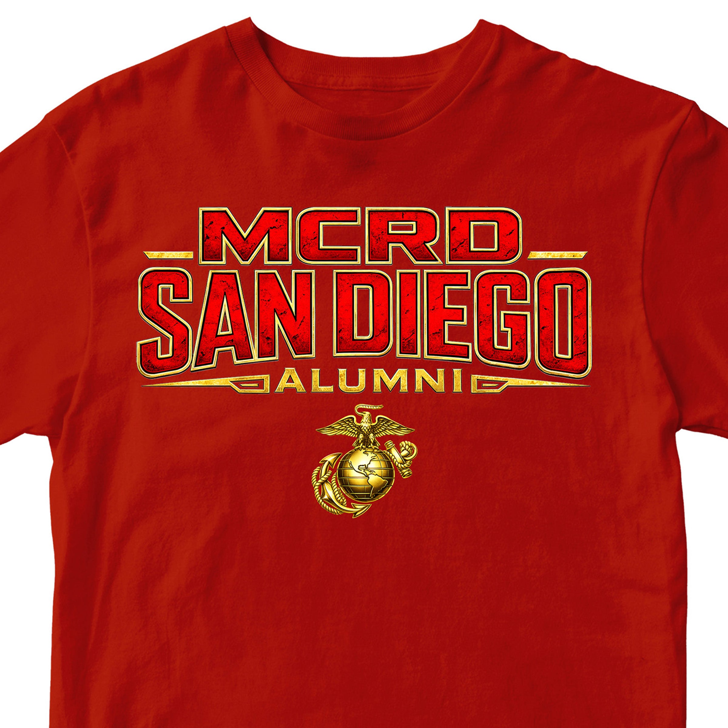 United States Marine Corps San Diego alumni shirt featuring EGA emblem. Red MCRD San Diego Tee.