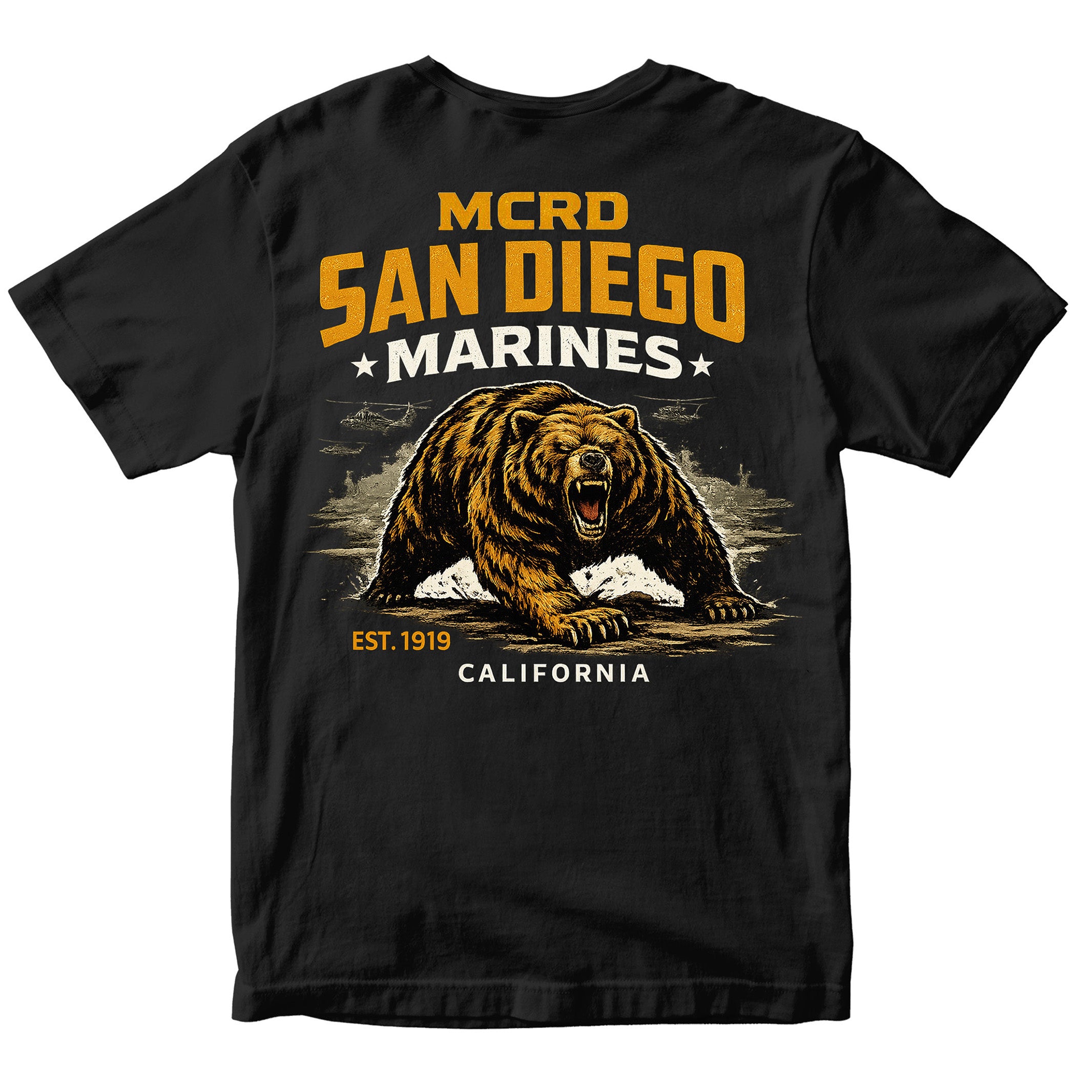 MCRD San Diego Marines T-shirt with bear graphic and Eagle Globe and Anchor. Black United States Marine Corps MCRD San Diego Tee