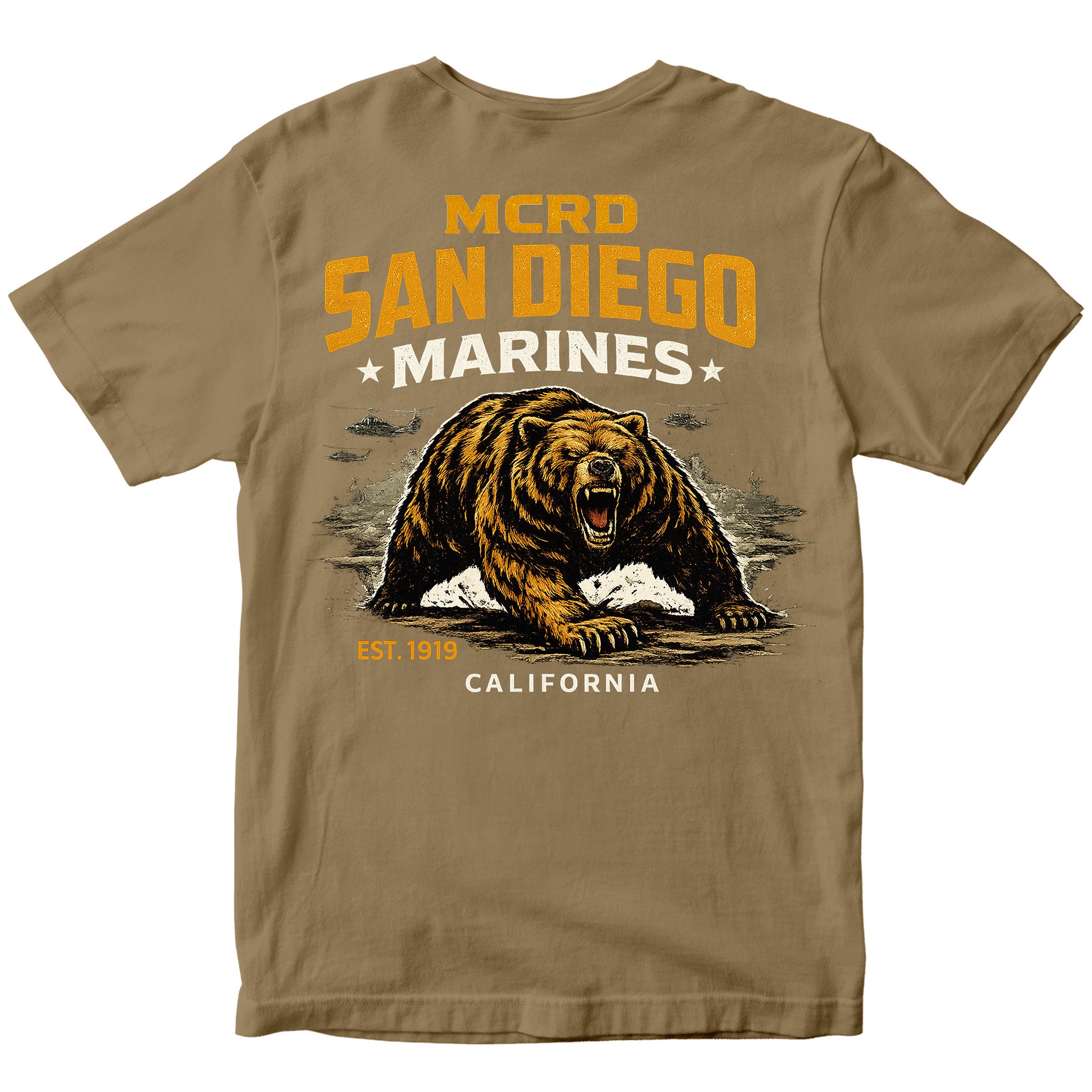 MCRD San Diego Marines T-shirt with bear graphic and Eagle Globe and Anchor. Brown United States Marine Corps MCRD San Diego Tee